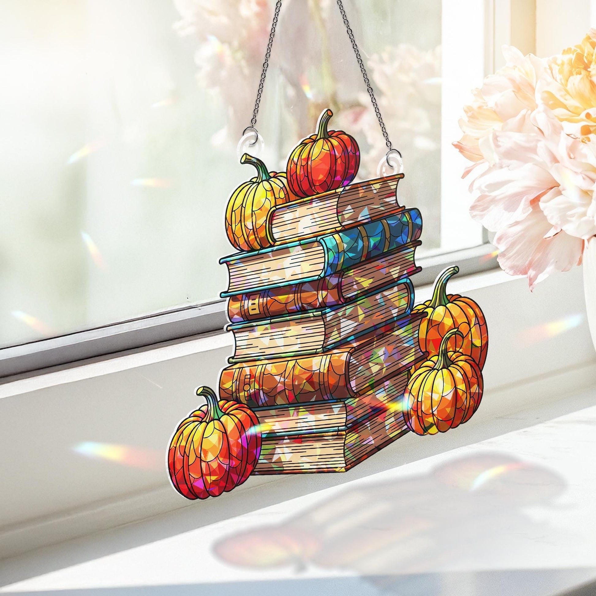 Pumpkin Books Window Hanging – Holographic Autumn Suncatcher, Fall Book Lover Decor, Pumpkin Stack Faux Glass Window Art Gift