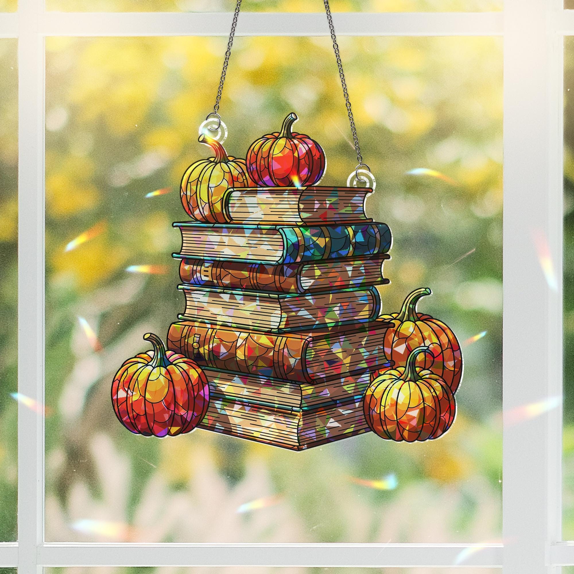 Pumpkin Books Window Hanging – Holographic Autumn Suncatcher, Fall Book Lover Decor, Pumpkin Stack Faux Glass Window Art Gift