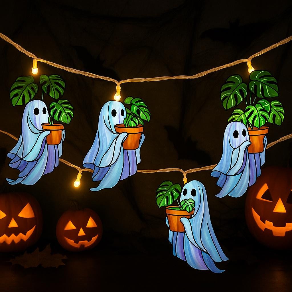 Spooky Ghost & Monstera String Lights, Halloween Plant Lover Decor, Cute Boho Ghost Light Garland for Indoor Fall or Party Vibes