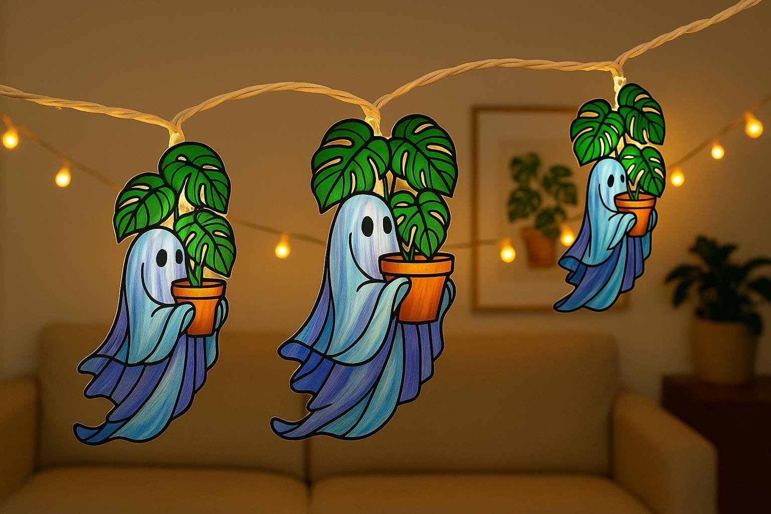 Spooky Ghost & Monstera String Lights, Halloween Plant Lover Decor, Cute Boho Ghost Light Garland for Indoor Fall or Party Vibes