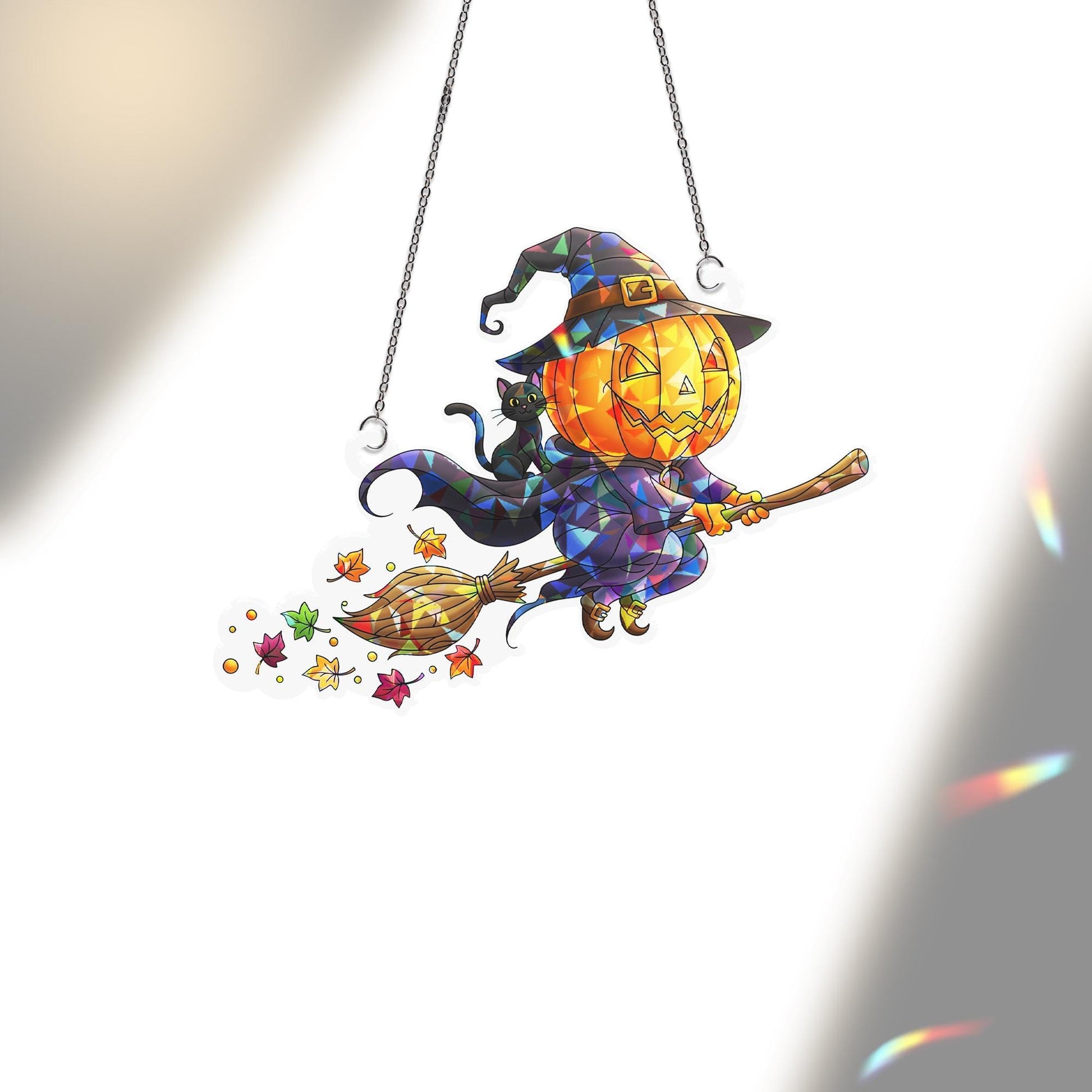 Stained Glass Pumpkin Witch Suncatcher – Halloween Flying Jack-o’-Lantern Window Decor