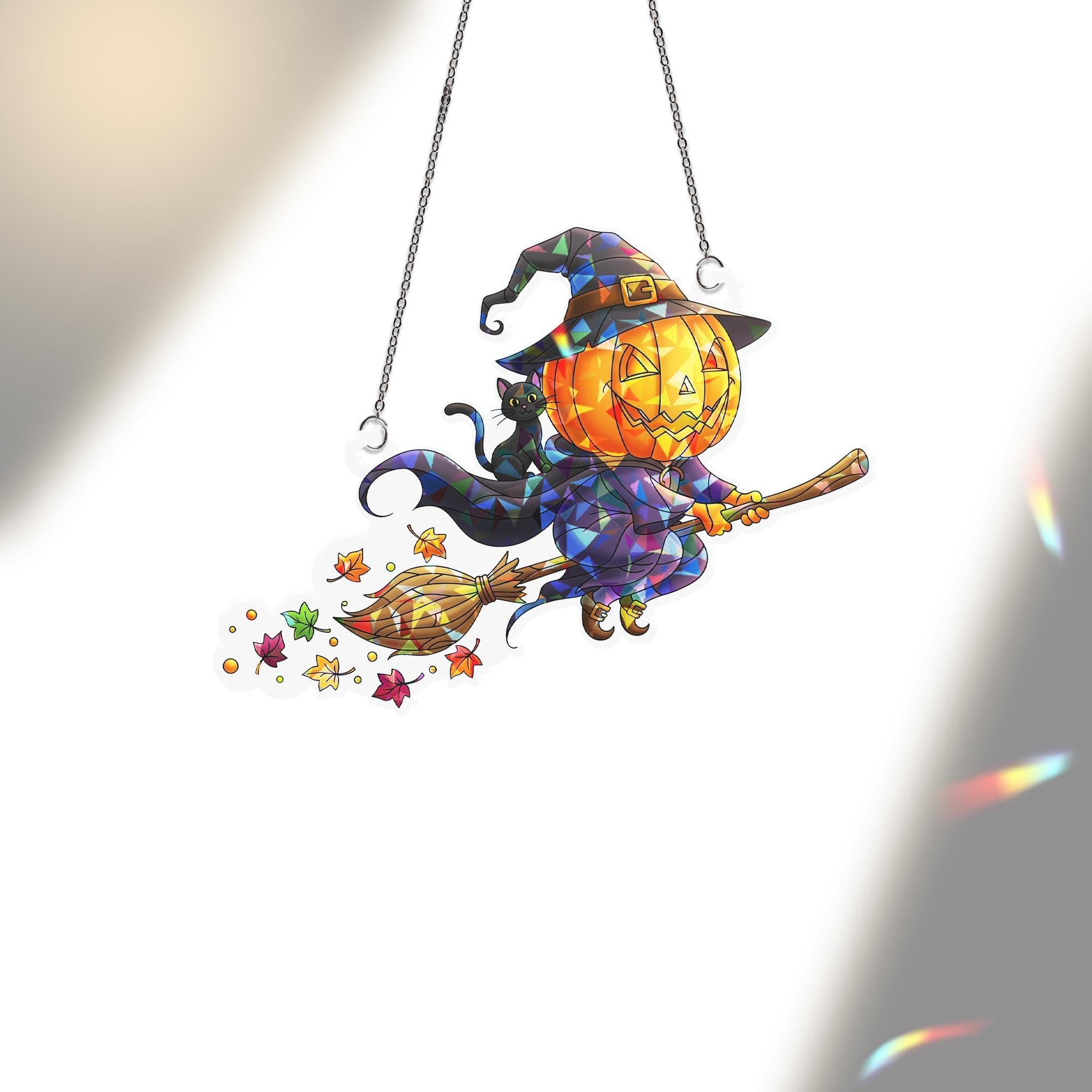 Stained Glass Pumpkin Witch Suncatcher – Halloween Flying Jack-o’-Lantern Window Decor