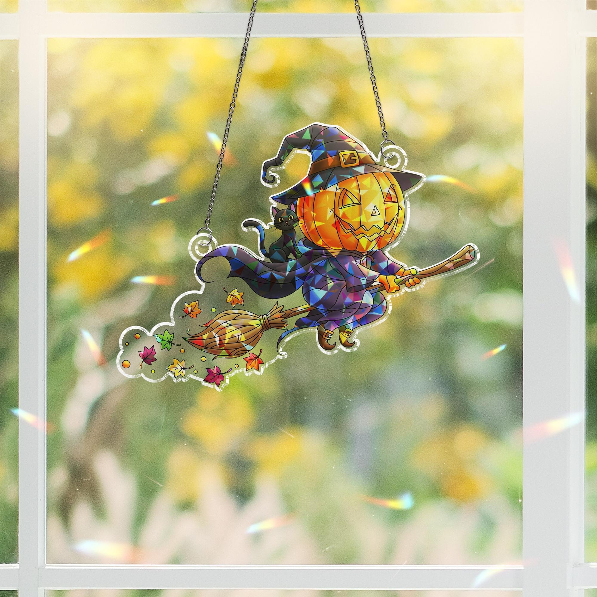 Stained Glass Pumpkin Witch Suncatcher – Halloween Flying Jack-o’-Lantern Window Decor
