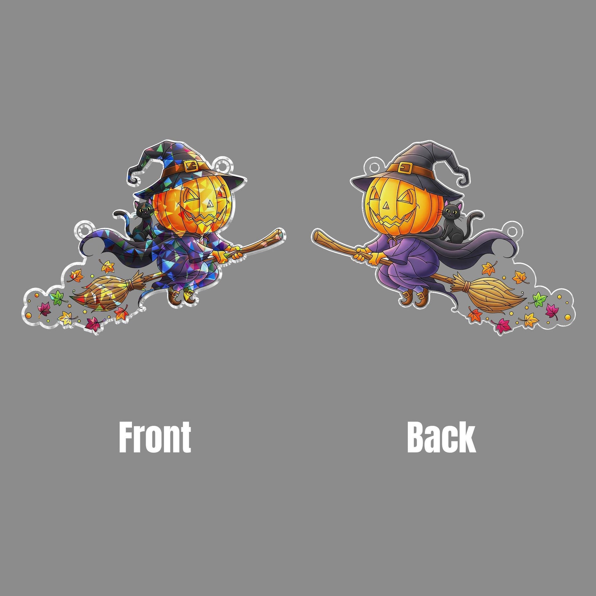 Stained Glass Pumpkin Witch Suncatcher – Halloween Flying Jack-o’-Lantern Window Decor