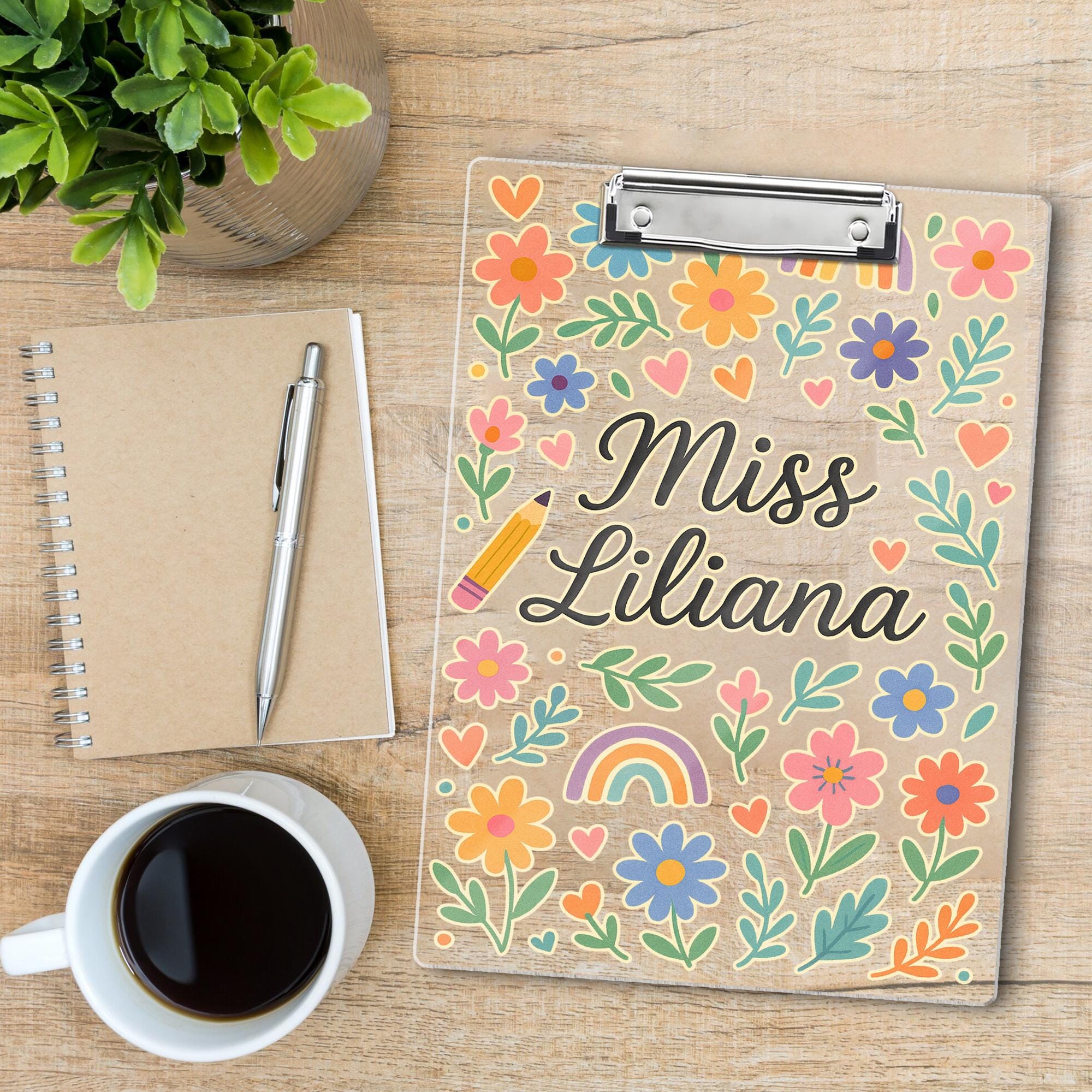 Personalized Teacher Clipboard, Custom Floral Clipboard with Name, Back to School Gift, Cute Rainbow Classroom Organizer