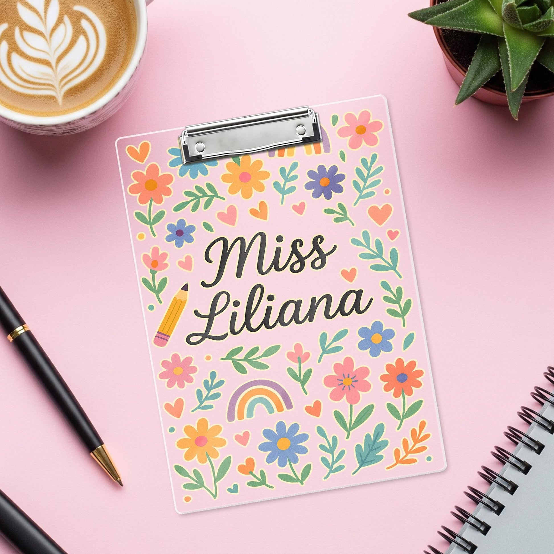 Personalized Teacher Clipboard, Custom Floral Clipboard with Name, Back to School Gift, Cute Rainbow Classroom Organizer