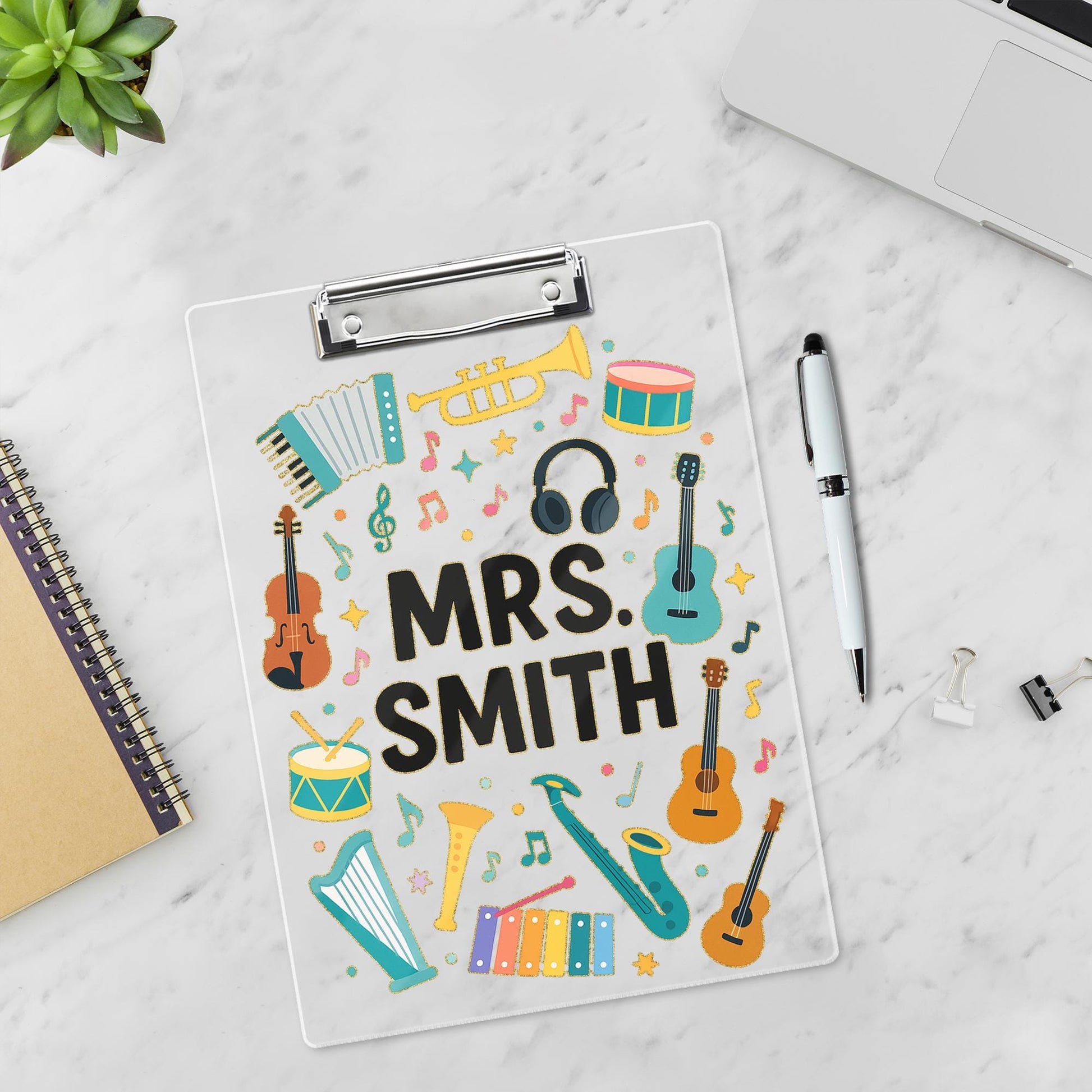 Custom Music Teacher Clipboard, Personalized Back to School Gift, Instrument Design Clipboard, Classroom Supply for Educators