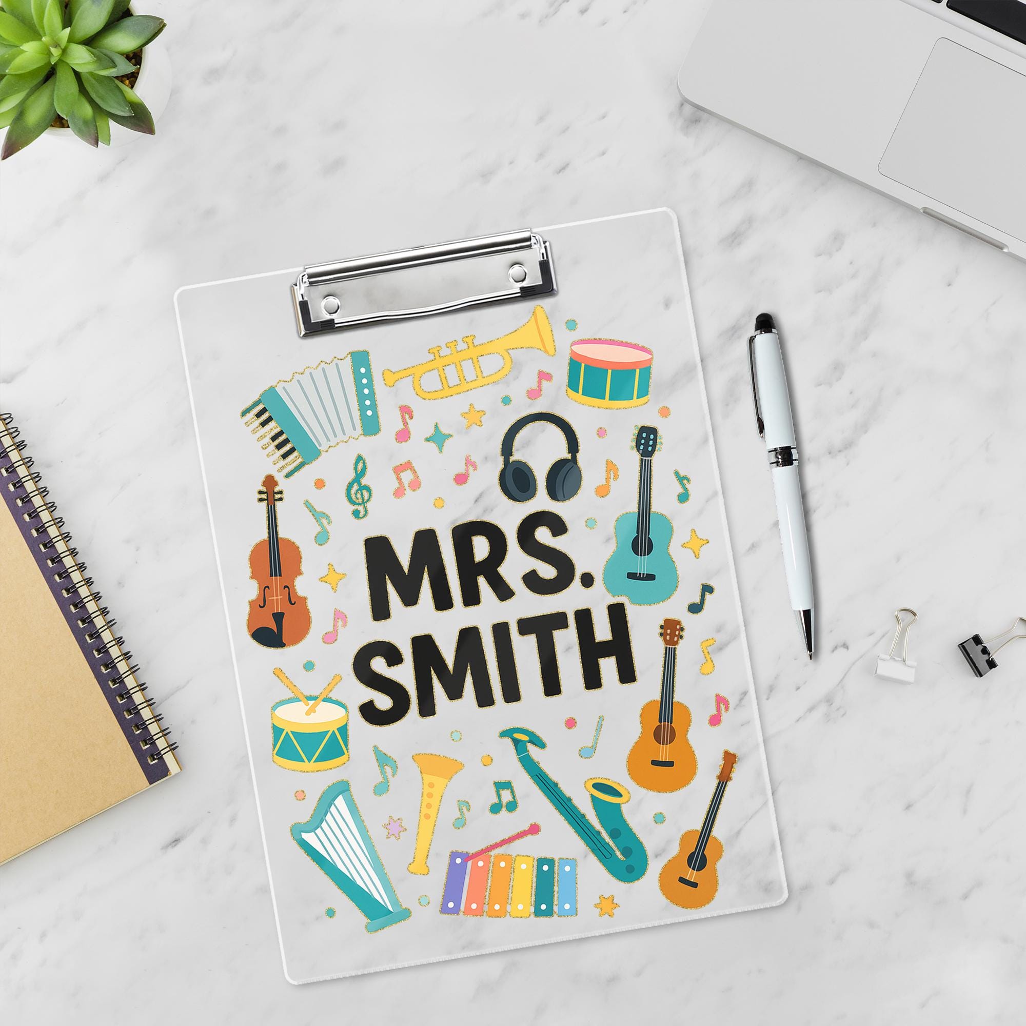Custom Music Teacher Clipboard, Personalized Back to School Gift, Instrument Design Clipboard, Classroom Supply for Educators