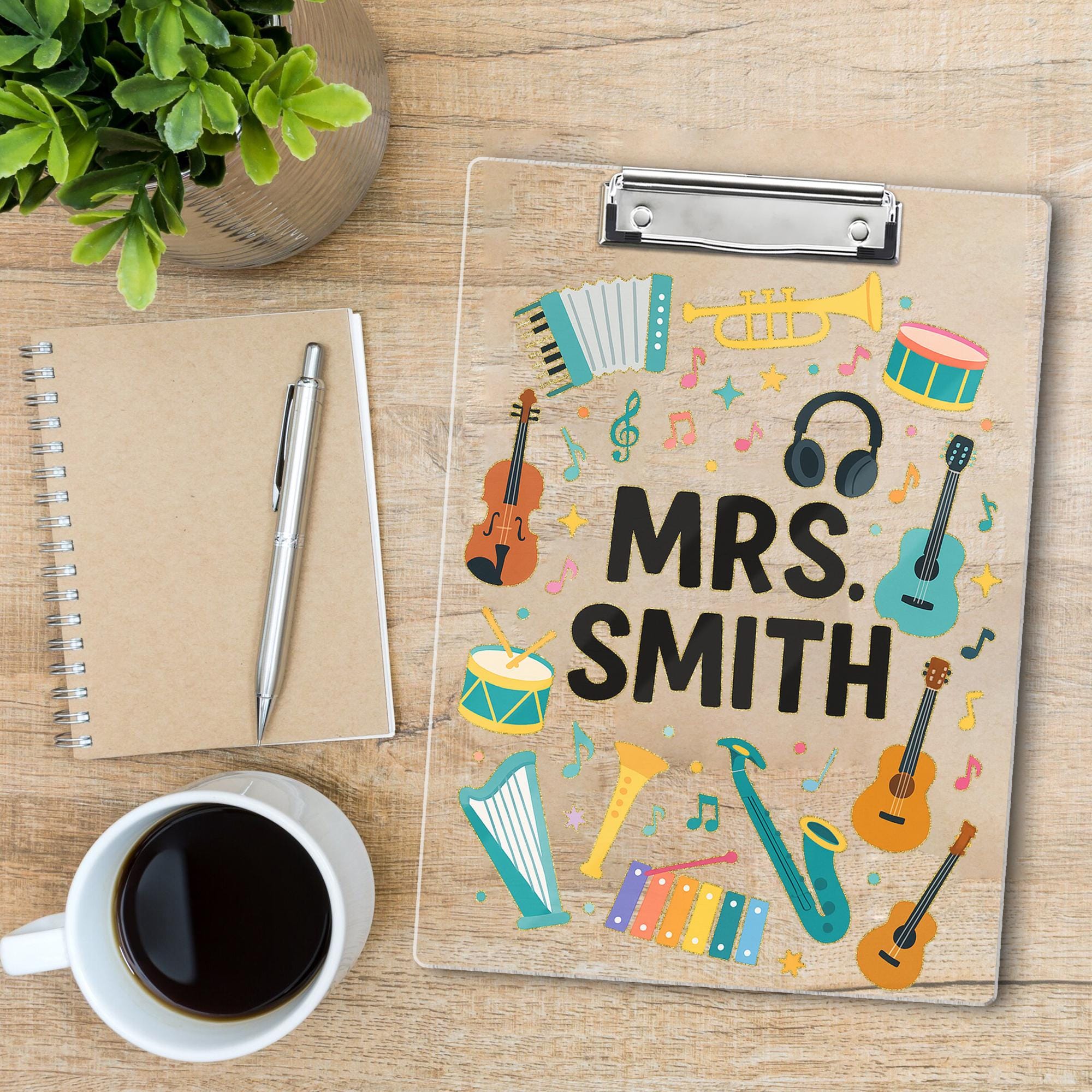 Custom Music Teacher Clipboard, Personalized Back to School Gift, Instrument Design Clipboard, Classroom Supply for Educators