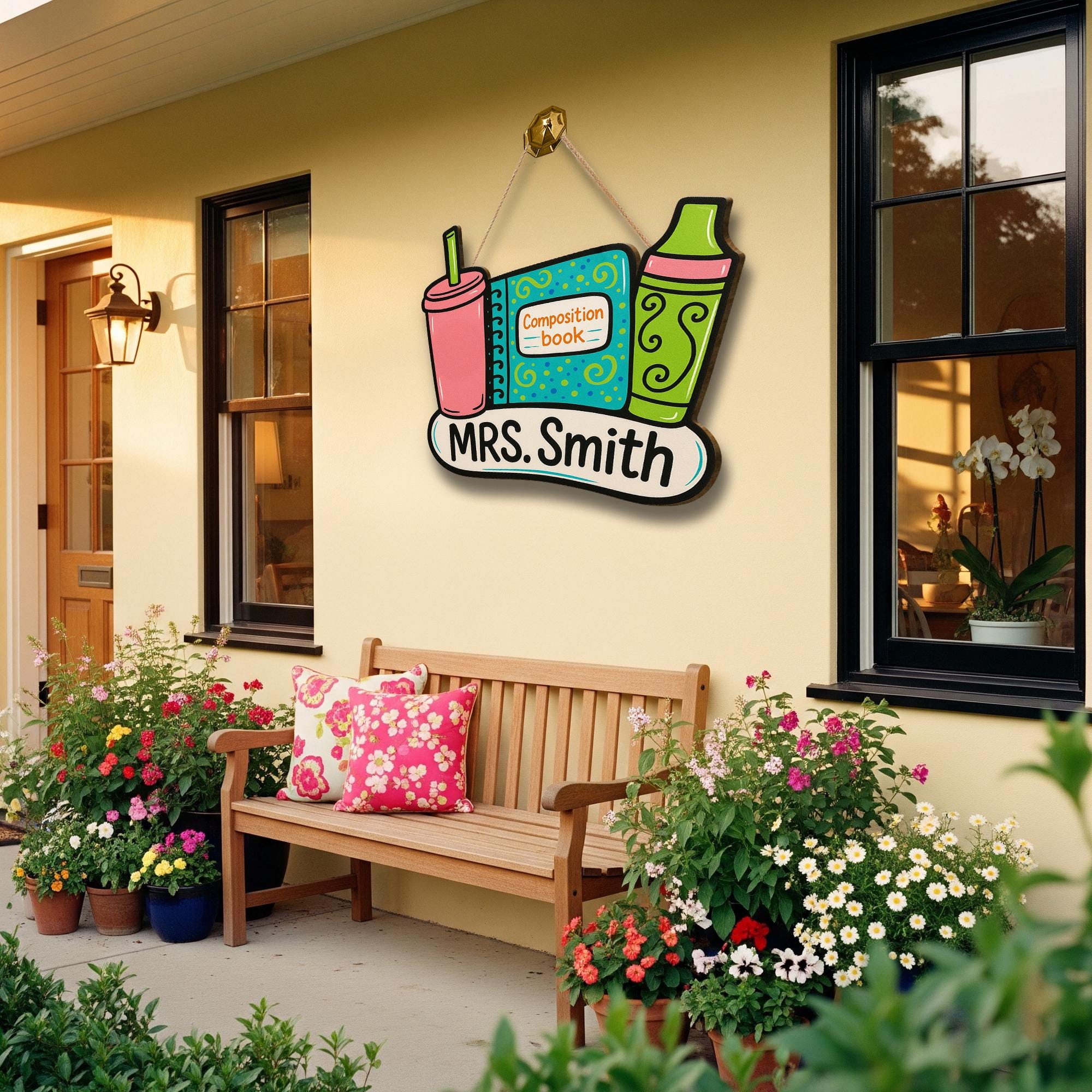 Custom Teacher Door Sign, Wooden Back to School Decor, Composition Book Crayon Cup Sign, Personalized Classroom Name Plaque