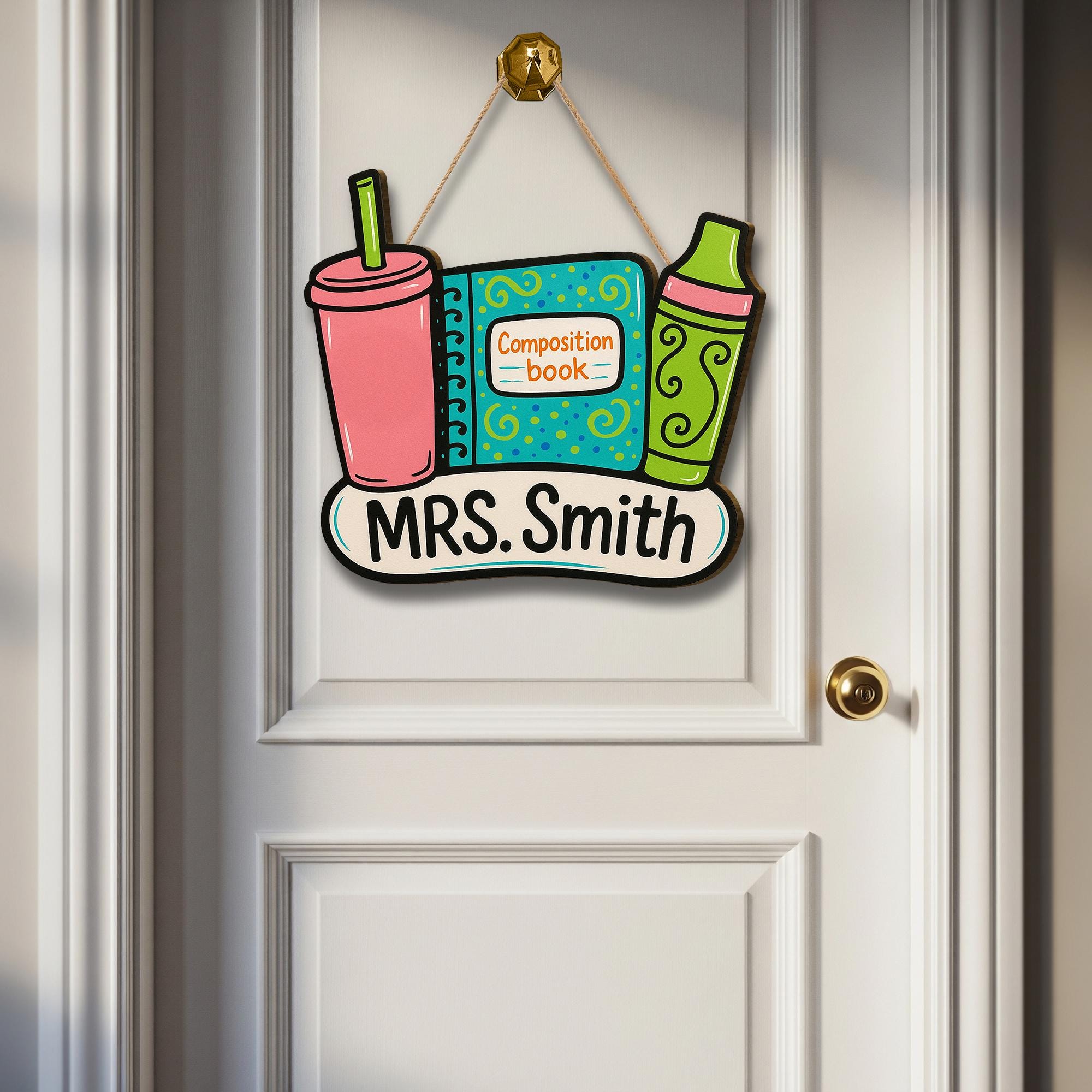 Custom Teacher Door Sign, Wooden Back to School Decor, Composition Book Crayon Cup Sign, Personalized Classroom Name Plaque