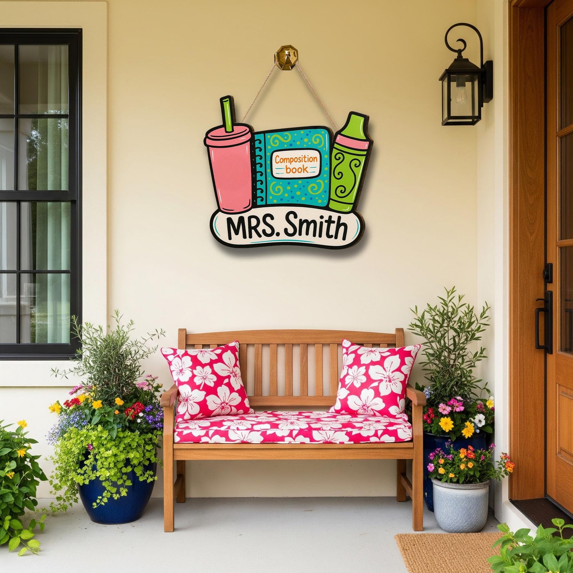 Custom Teacher Door Sign, Wooden Back to School Decor, Composition Book Crayon Cup Sign, Personalized Classroom Name Plaque