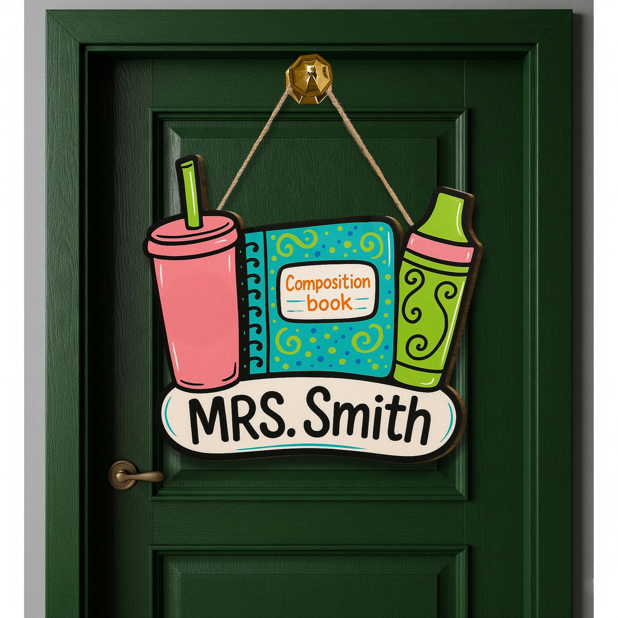 Custom Teacher Door Sign, Wooden Back to School Decor, Composition Book Crayon Cup Sign, Personalized Classroom Name Plaque