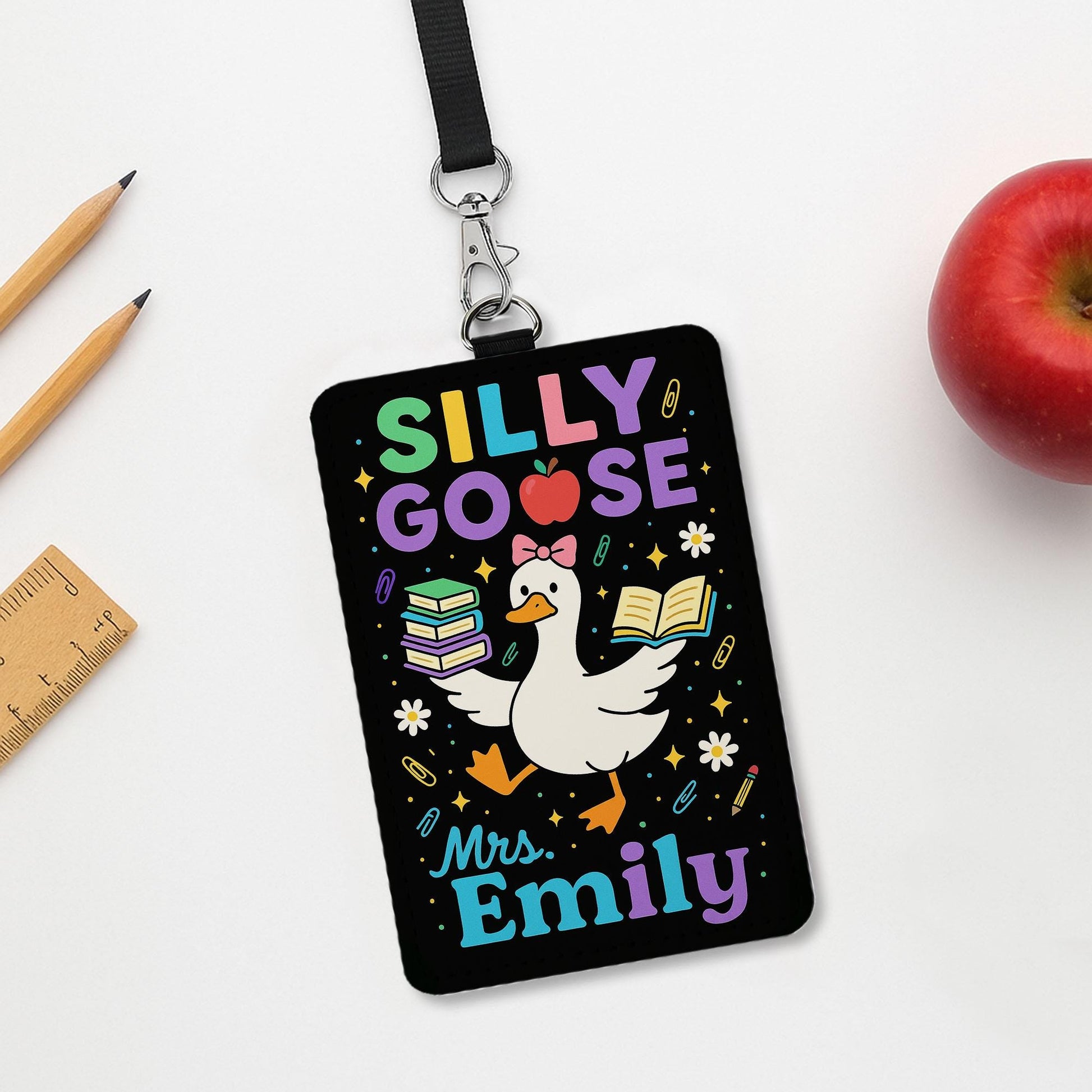 Silly Goose Teacher Badge Holder, Custom Leather ID Tag, Funny Back to School Lanyard, Personalized Classroom Name Card