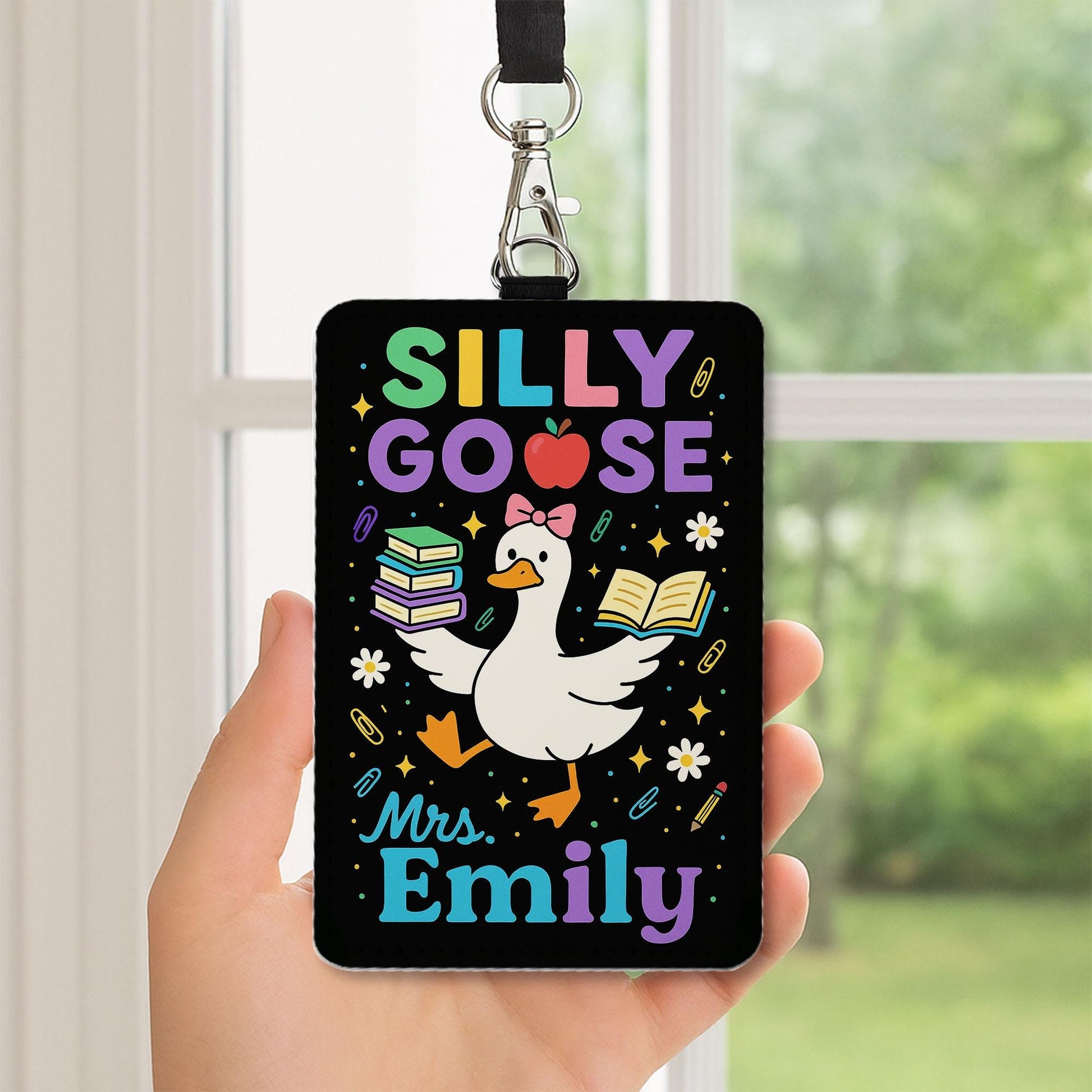 Silly Goose Teacher Badge Holder, Custom Leather ID Tag, Funny Back to School Lanyard, Personalized Classroom Name Card