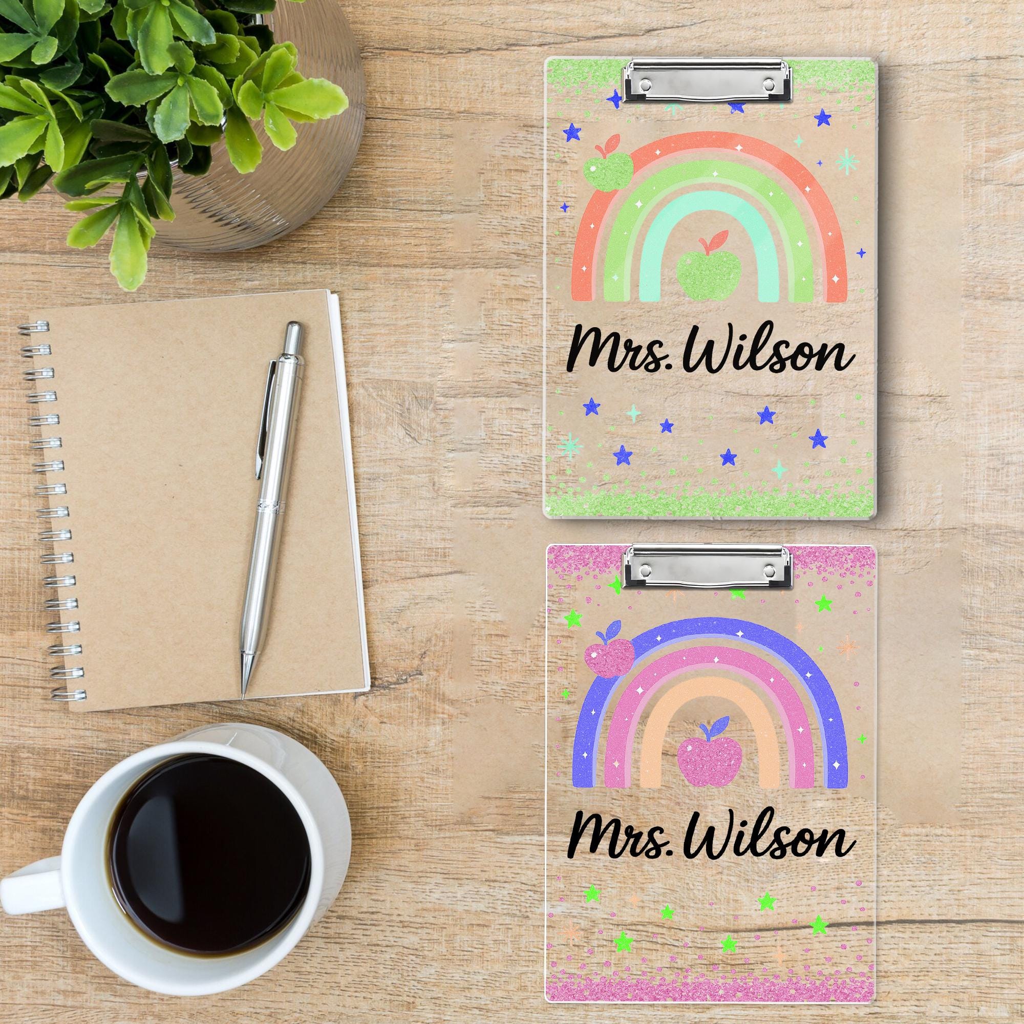 Personalized Rainbow Teacher Clipboard, Glitter Back to School Gift, Custom Name Clipboard with Apple Design for Classroom