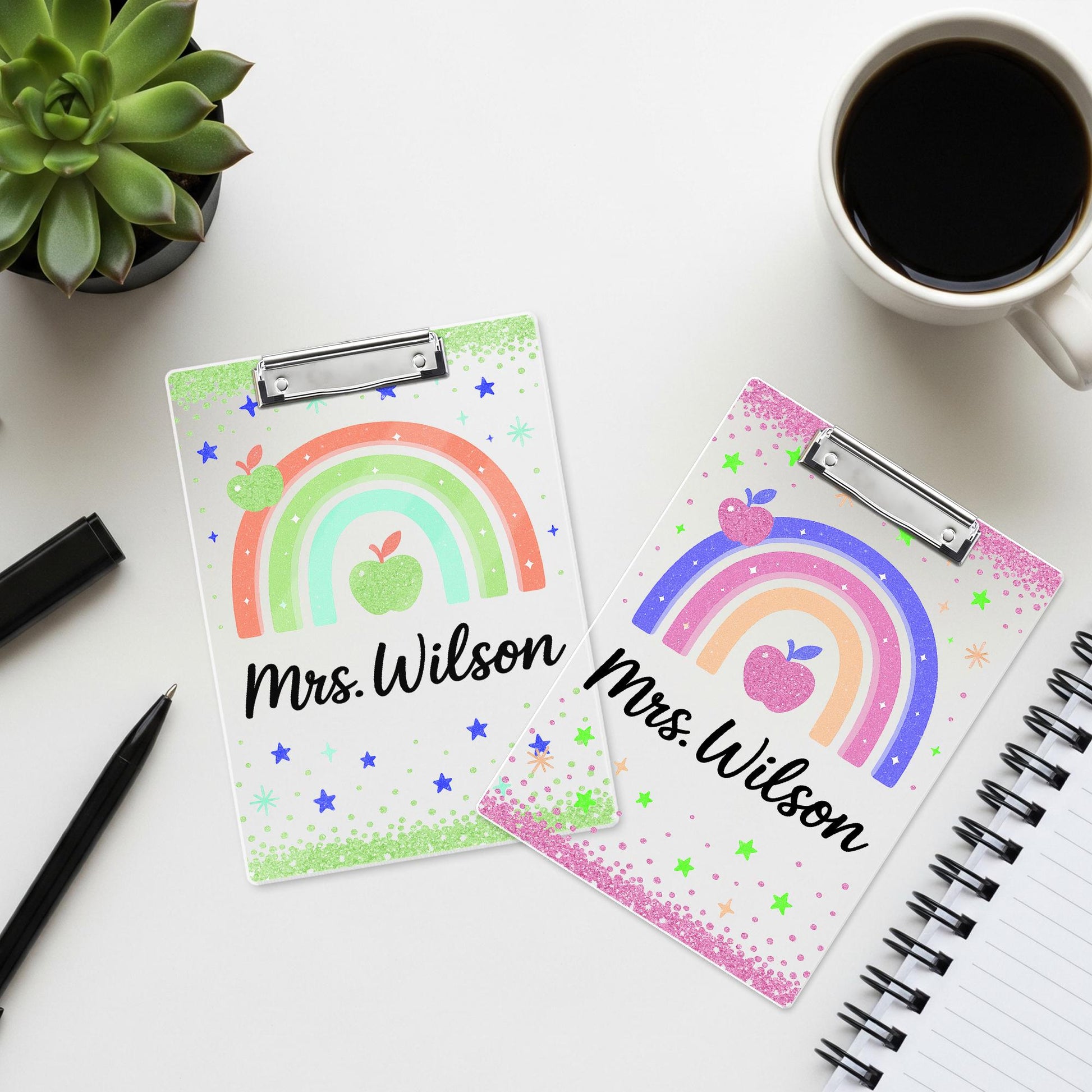 Personalized Rainbow Teacher Clipboard, Glitter Back to School Gift, Custom Name Clipboard with Apple Design for Classroom