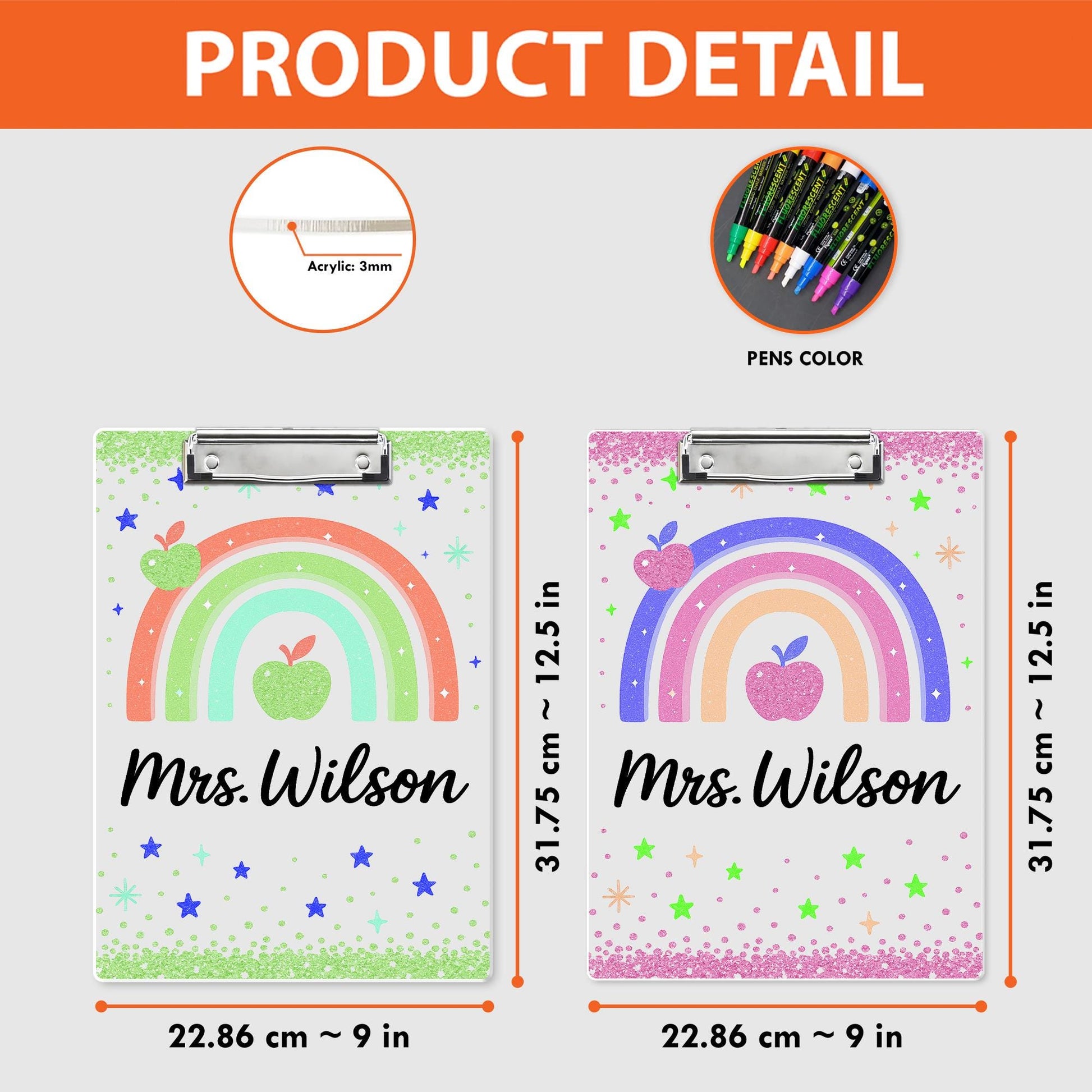 Personalized Rainbow Teacher Clipboard, Glitter Back to School Gift, Custom Name Clipboard with Apple Design for Classroom
