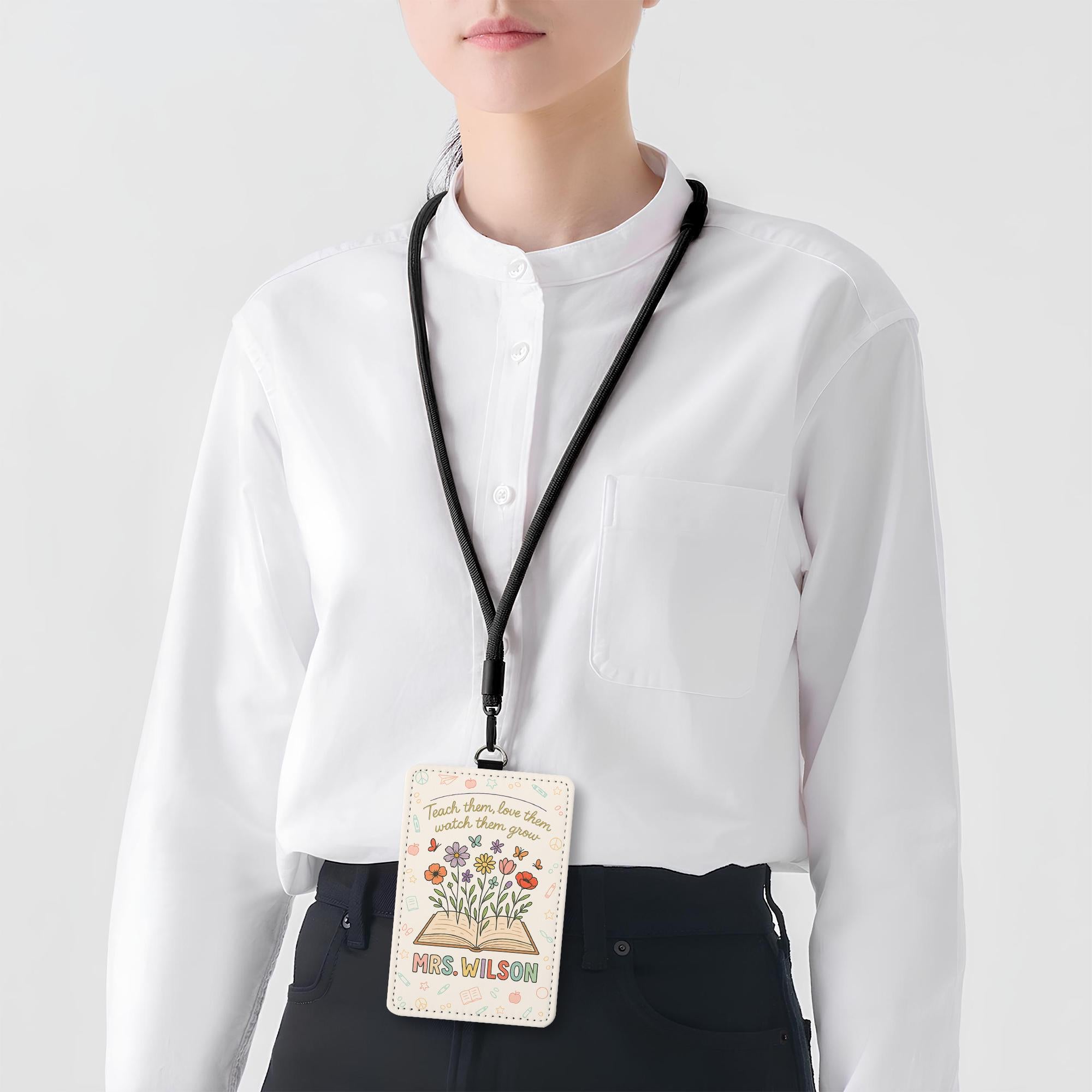 Teach Love Grow Badge Holder, Personalized Teacher ID Tag, Floral Leather Lanyard, Custom Back to School Gift for Educators