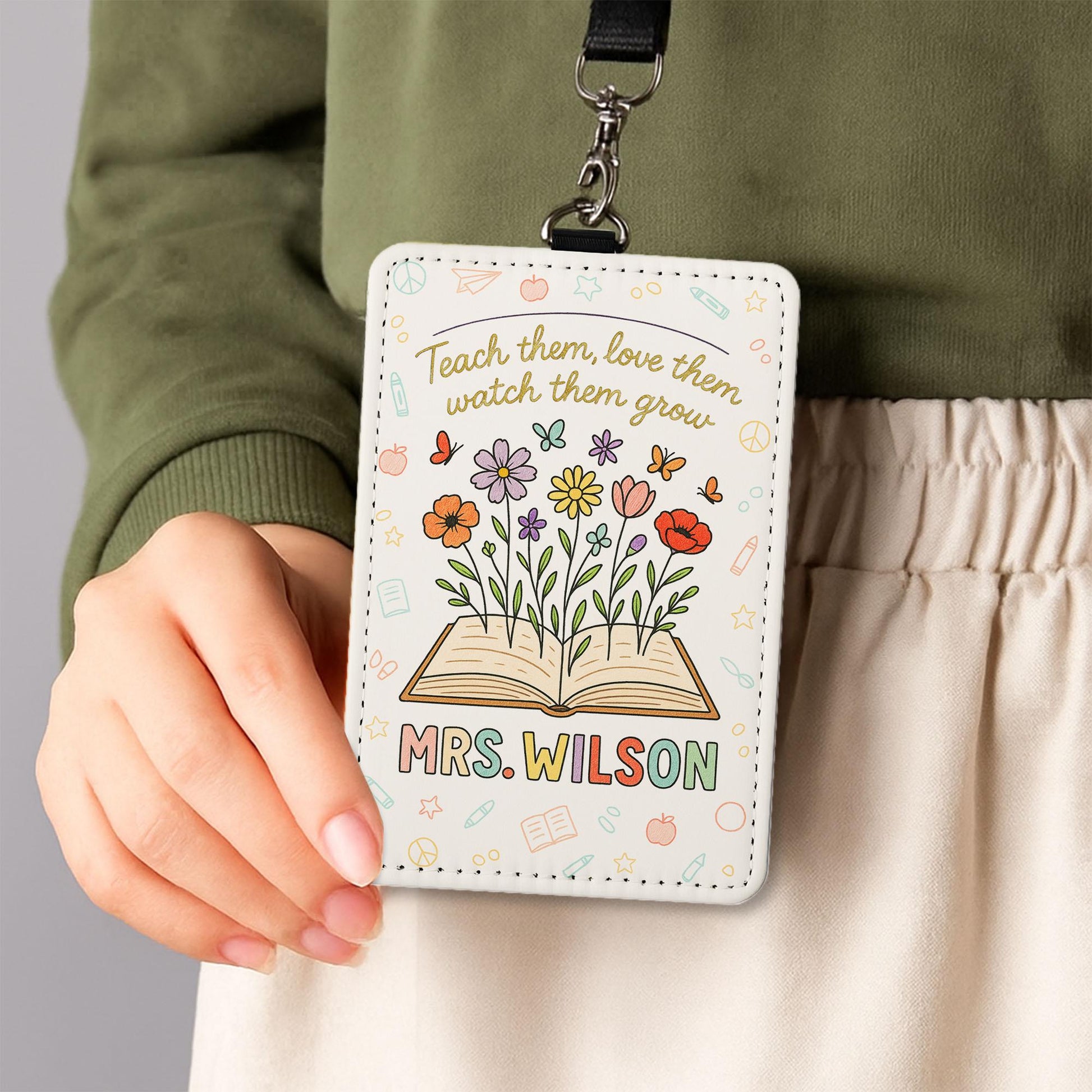 Teach Love Grow Badge Holder, Personalized Teacher ID Tag, Floral Leather Lanyard, Custom Back to School Gift for Educators