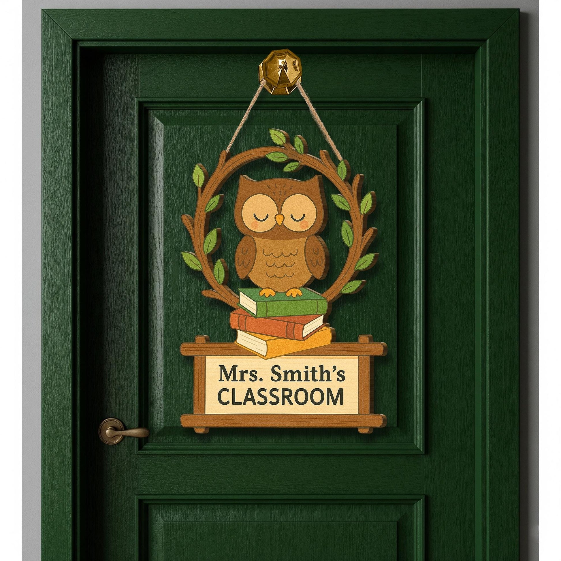 Personalized Owl Teacher Door Sign, Custom Classroom Hanging Decor for Teaches, Educators, Back to School Wood Sign with Books & Leaves