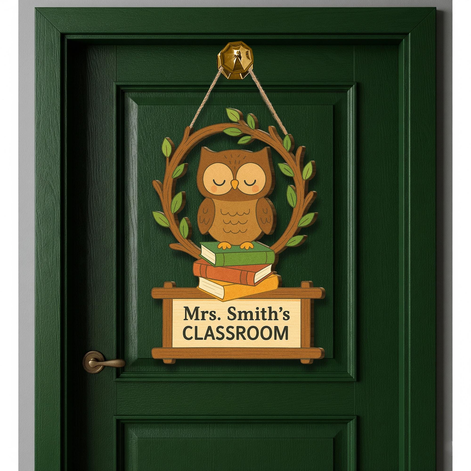 Personalized Owl Teacher Door Sign, Custom Classroom Hanging Decor for Teaches, Educators, Back to School Wood Sign with Books & Leaves