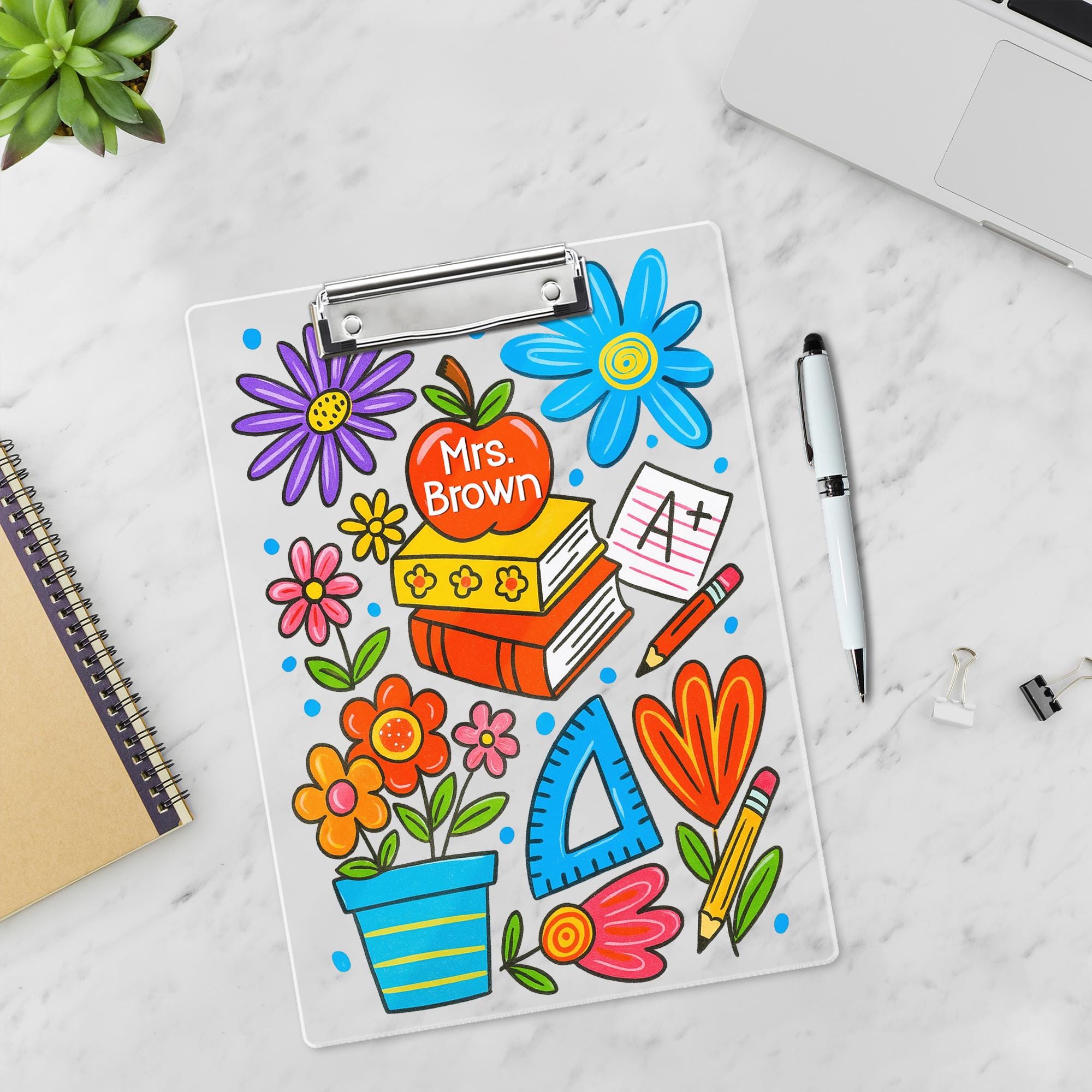 Personalized Teacher Clipboard, Colorful Floral Classroom Supplies Design, Custom Gift for Back to School or Appreciation Gift for Teachers