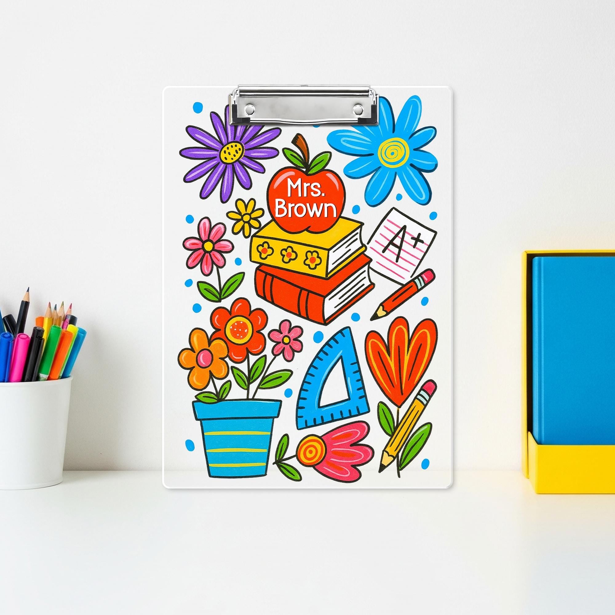 Personalized Teacher Clipboard, Colorful Floral Classroom Supplies Design, Custom Gift for Back to School or Appreciation Gift for Teachers