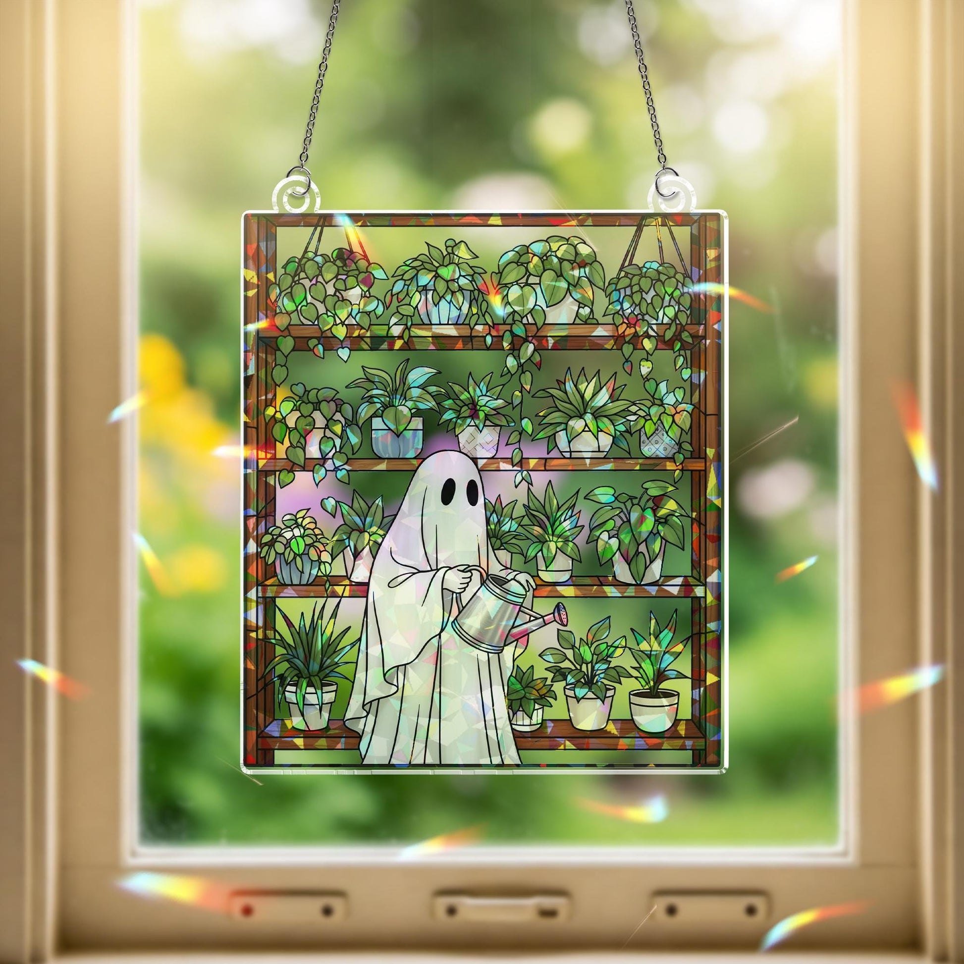 Ghost Plant Lover Suncatcher – Holographic Acrylic Window Decor – Spooky Plant Shelf Sun Catcher – Cottagecore Halloween Gift