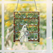Ghost Plant Lover Suncatcher – Holographic Acrylic Window Decor – Spooky Plant Shelf Sun Catcher – Cottagecore Halloween Gift