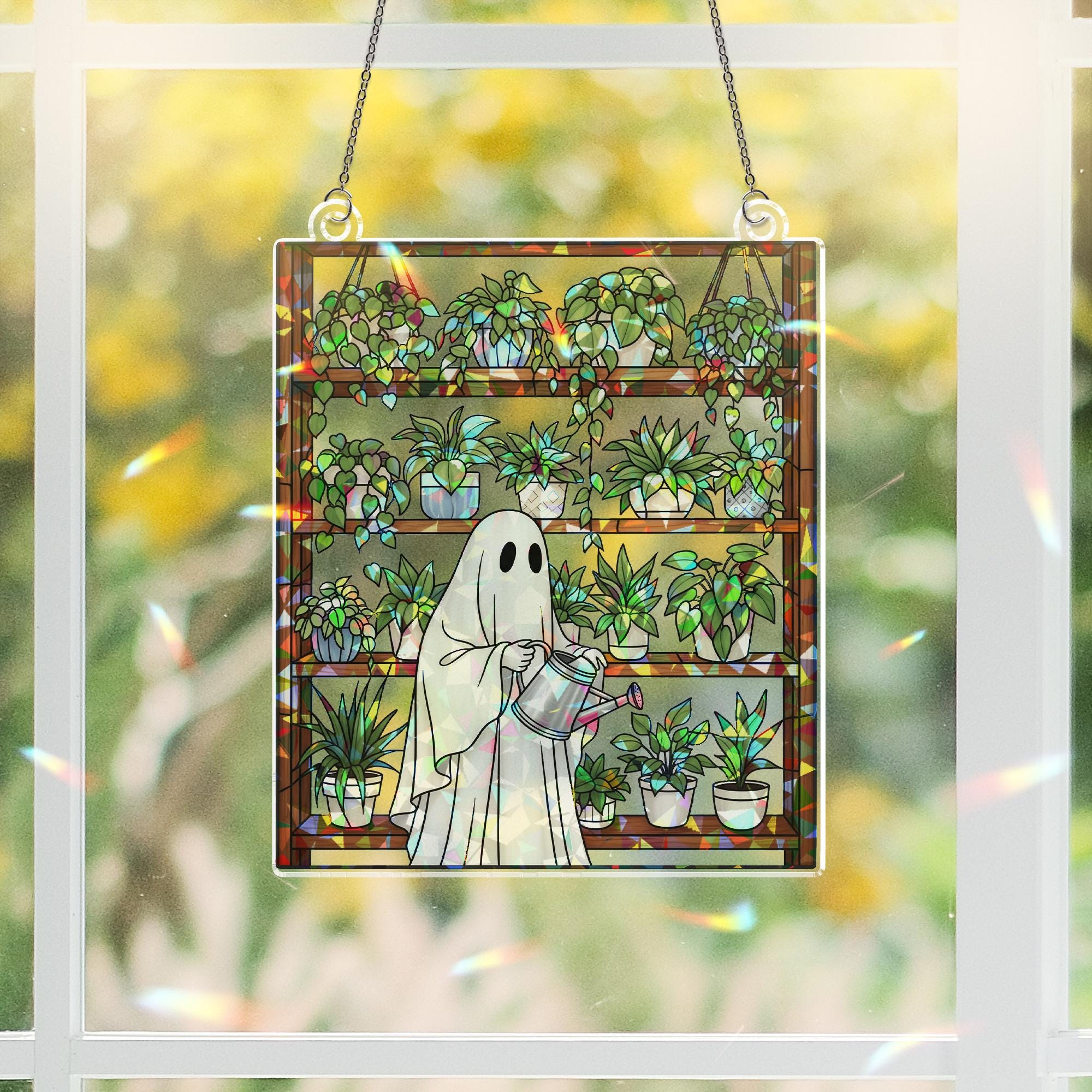 Ghost Plant Lover Suncatcher – Holographic Acrylic Window Decor – Spooky Plant Shelf Sun Catcher – Cottagecore Halloween Gift