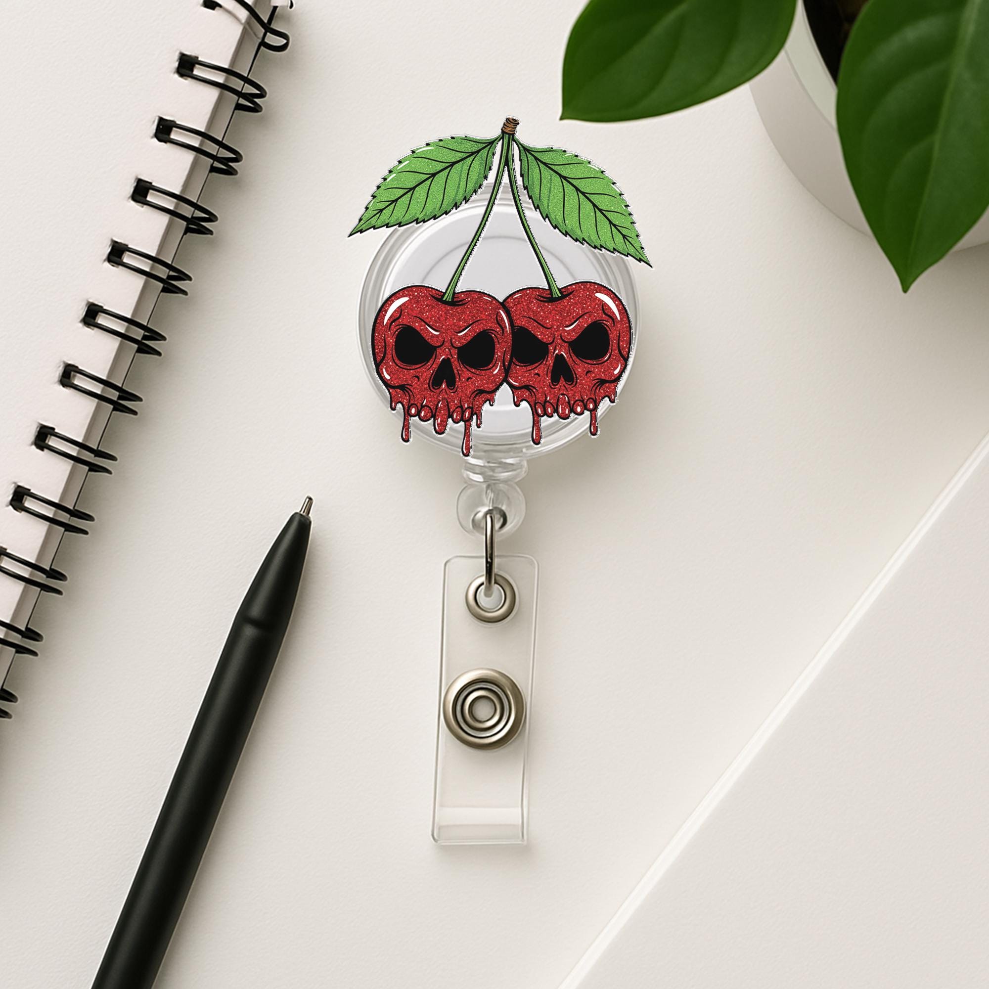 Gothic Cherry Skull Badge Reel, Horror ID Clip for Nurses, Creepy Cute Badge Holder, Spooky Work Accessory, Halloween Gift, Badge Reel Gift