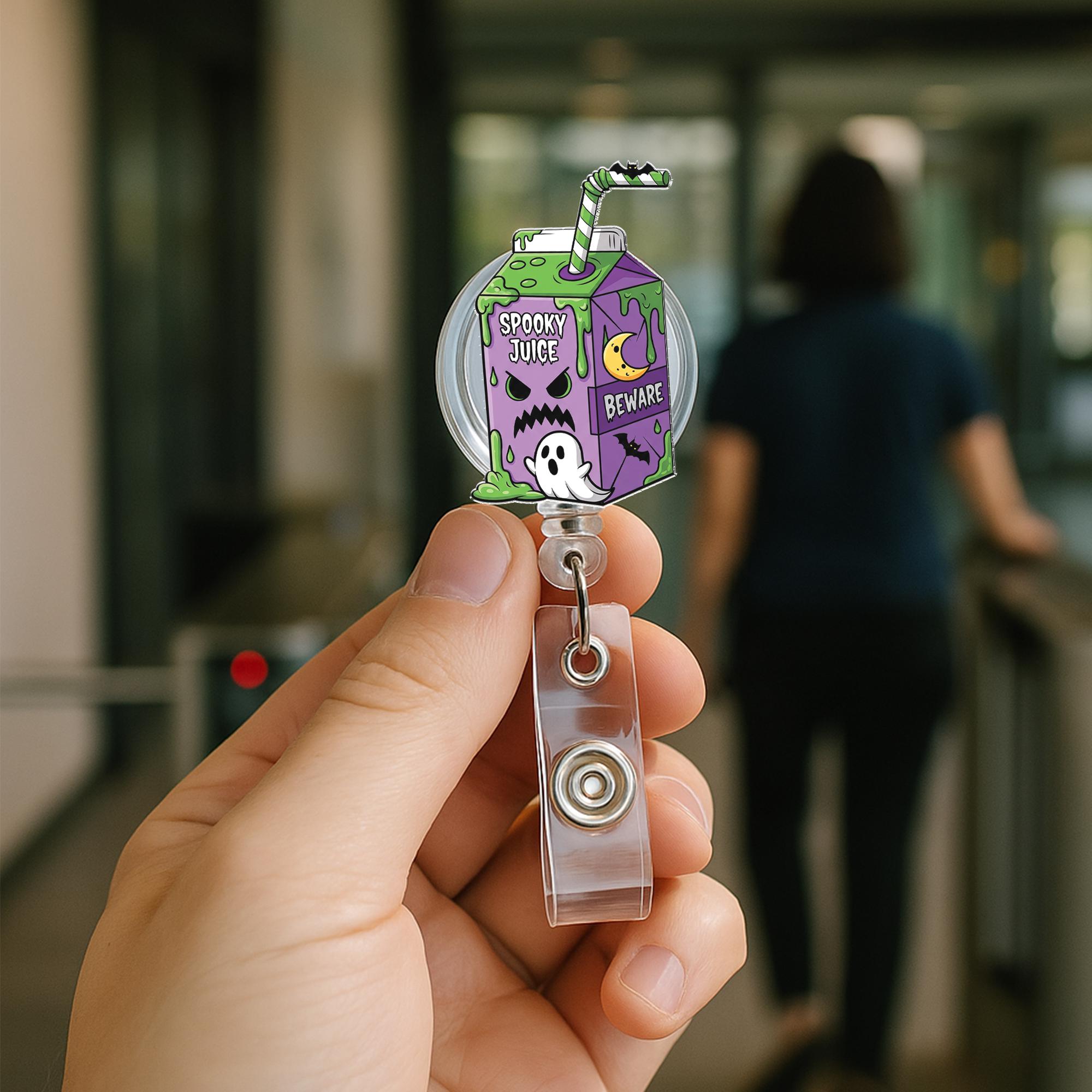 Spooky Juice Badge Reel, Halloween Ghost ID Clip, Cute Badge Holder for Nurses, Funny Work Accessory, Purple Fall Lanyard Gift, Halloween ID