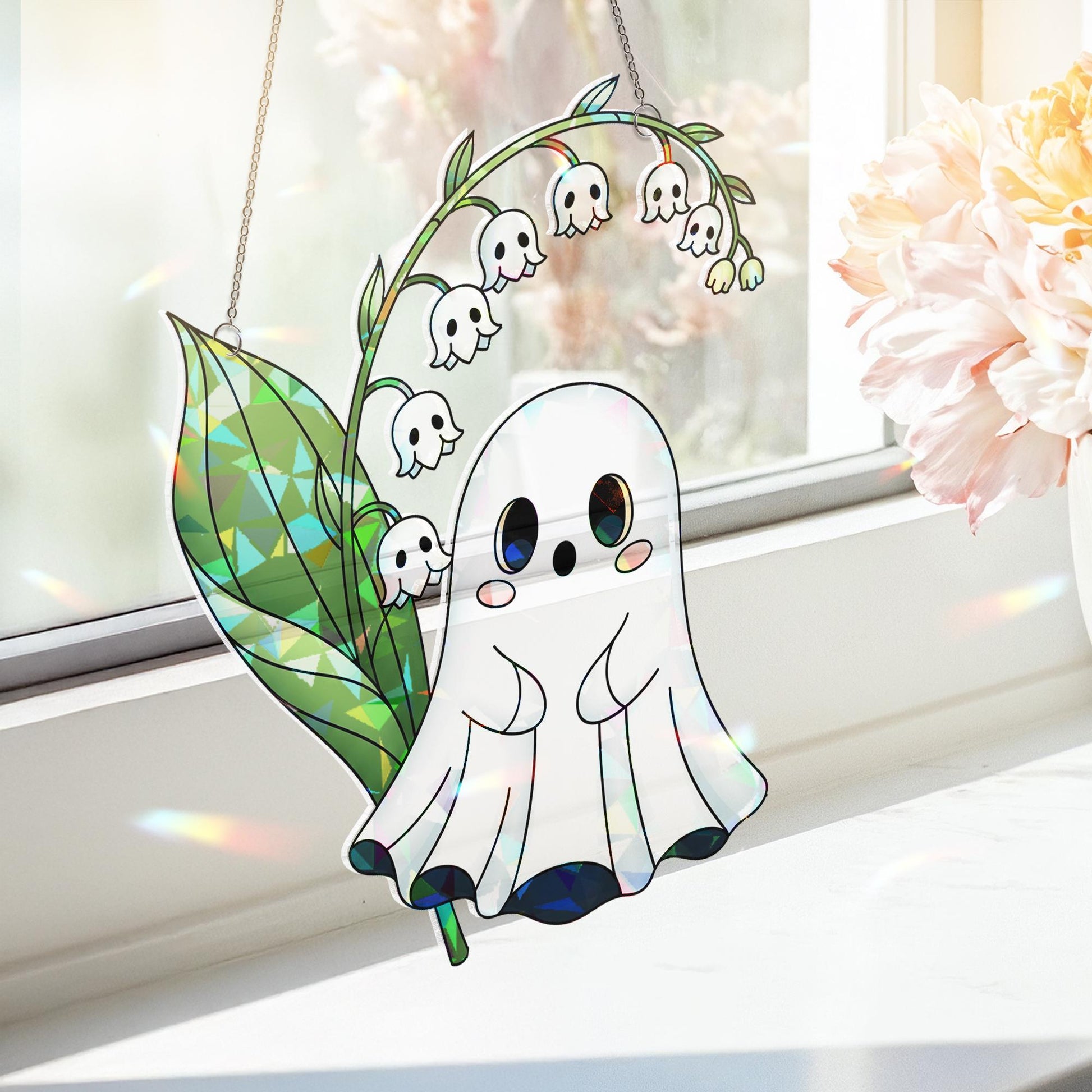 Lily of the Valley Ghost Suncatcher, Cute Floral Halloween Decor, Spooky Flower Window Hanging, Pastel Goth Home Decoration, Halloween Decor