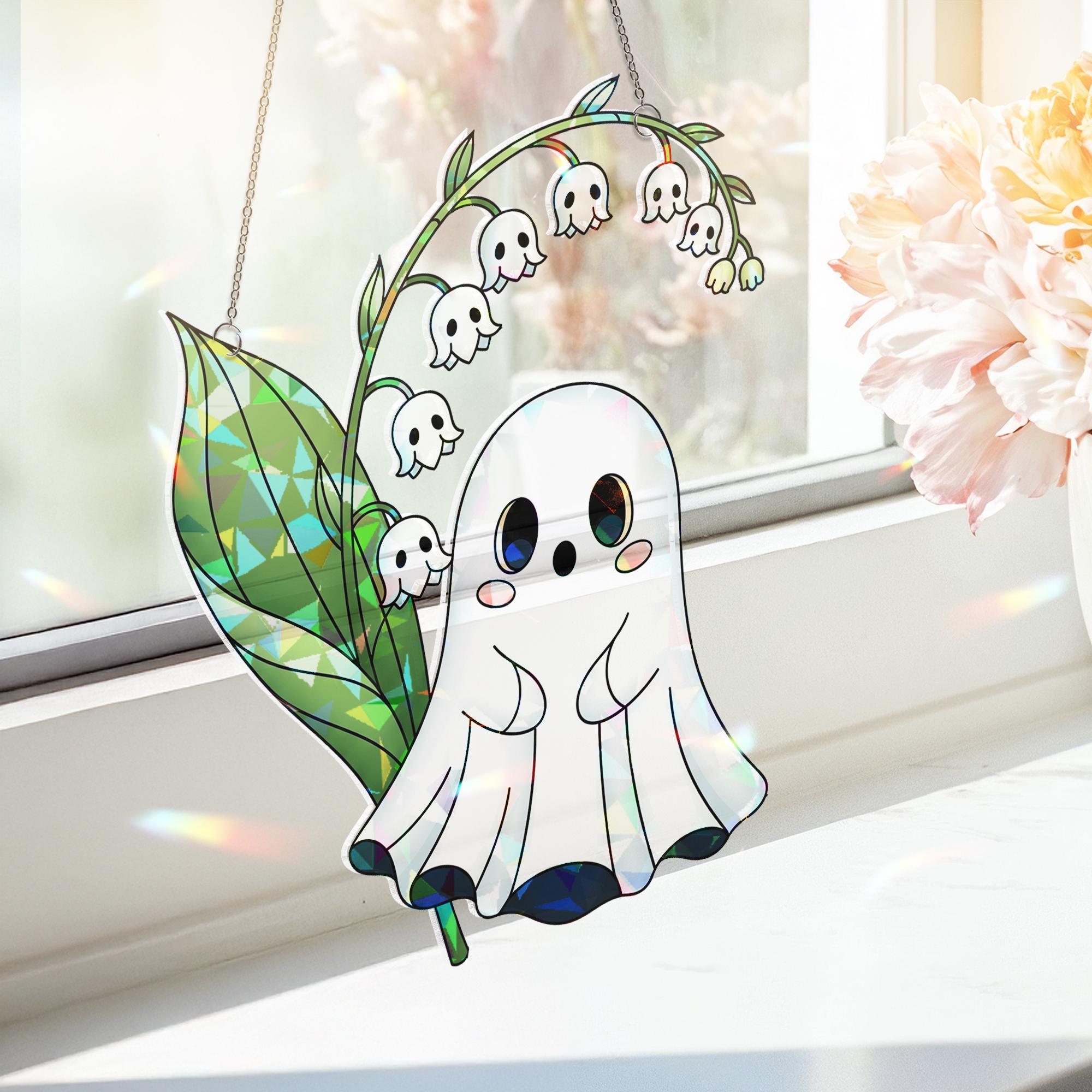 Lily of the Valley Ghost Suncatcher, Cute Floral Halloween Decor, Spooky Flower Window Hanging, Pastel Goth Home Decoration, Halloween Decor
