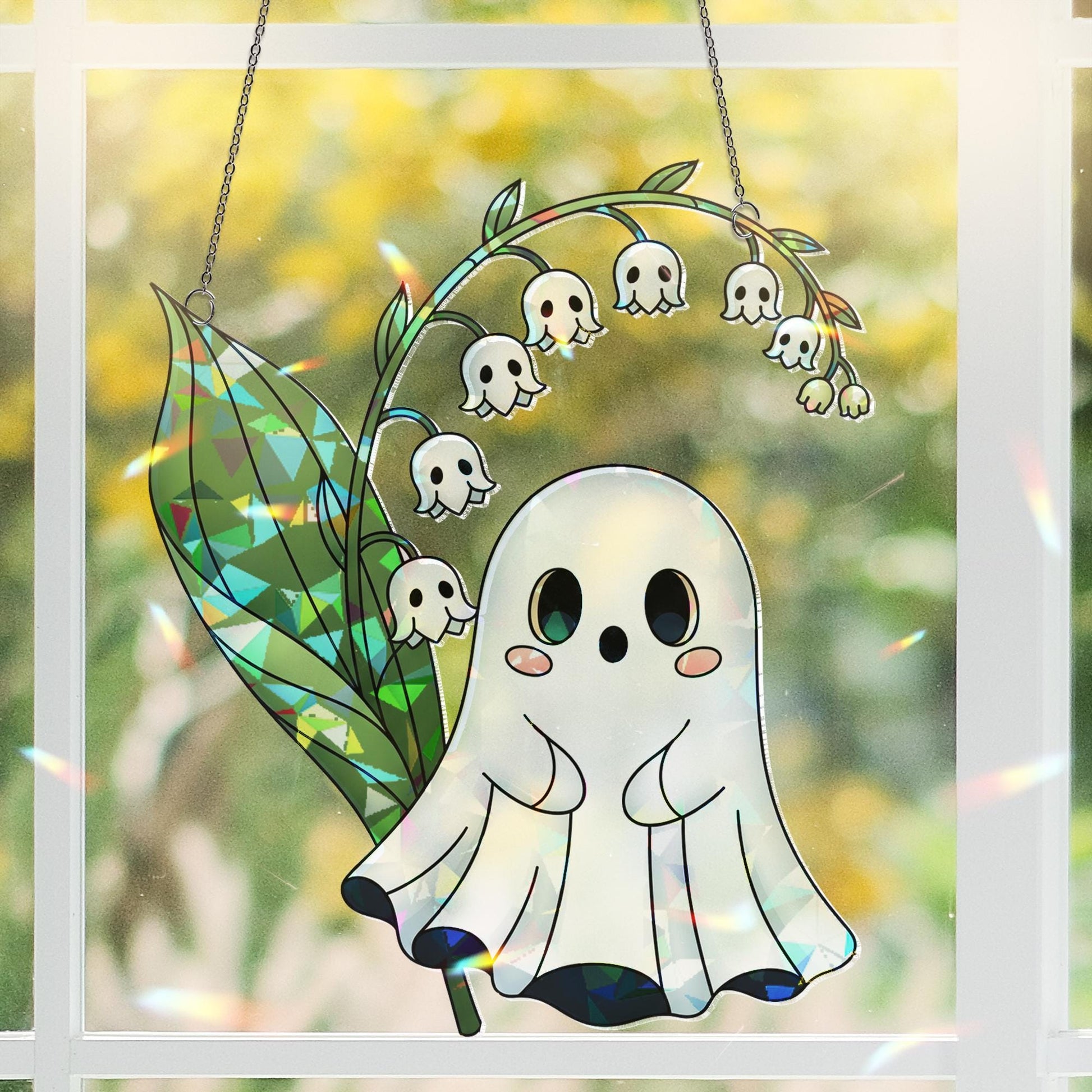 Lily of the Valley Ghost Suncatcher, Cute Floral Halloween Decor, Spooky Flower Window Hanging, Pastel Goth Home Decoration, Halloween Decor