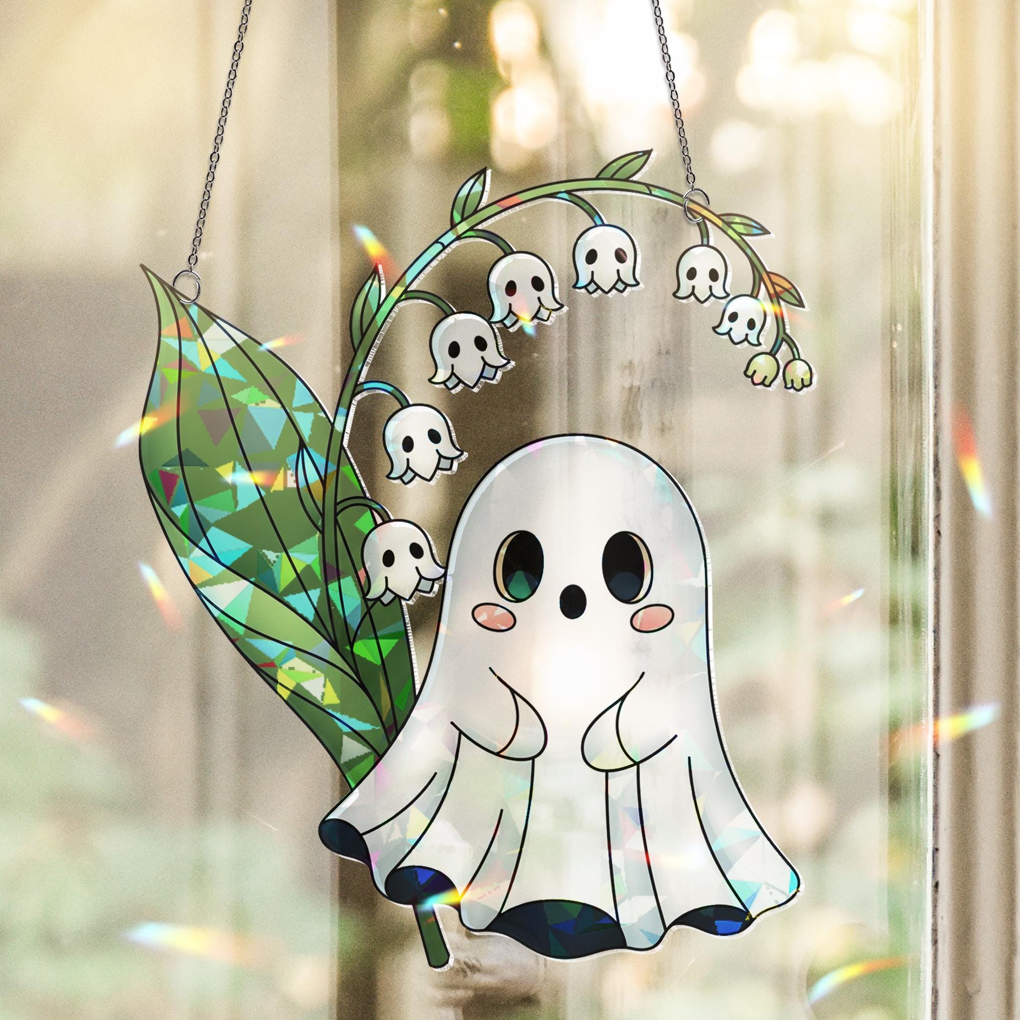 Lily of the Valley Ghost Suncatcher, Cute Floral Halloween Decor, Spooky Flower Window Hanging, Pastel Goth Home Decoration, Halloween Decor