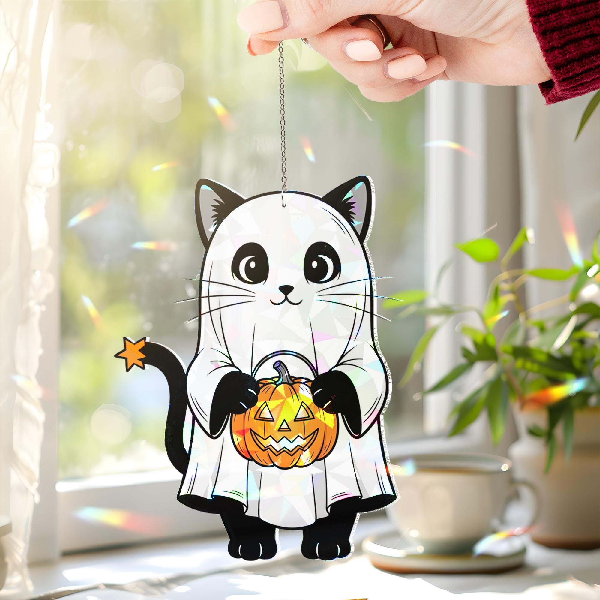 Halloween Cat Suncatcher, Ghost Cat Window Decor, Cute Black Cat Ornament, Pumpkin Trick or Treat Kitty, Spooky Fall Decoration, Halloween
