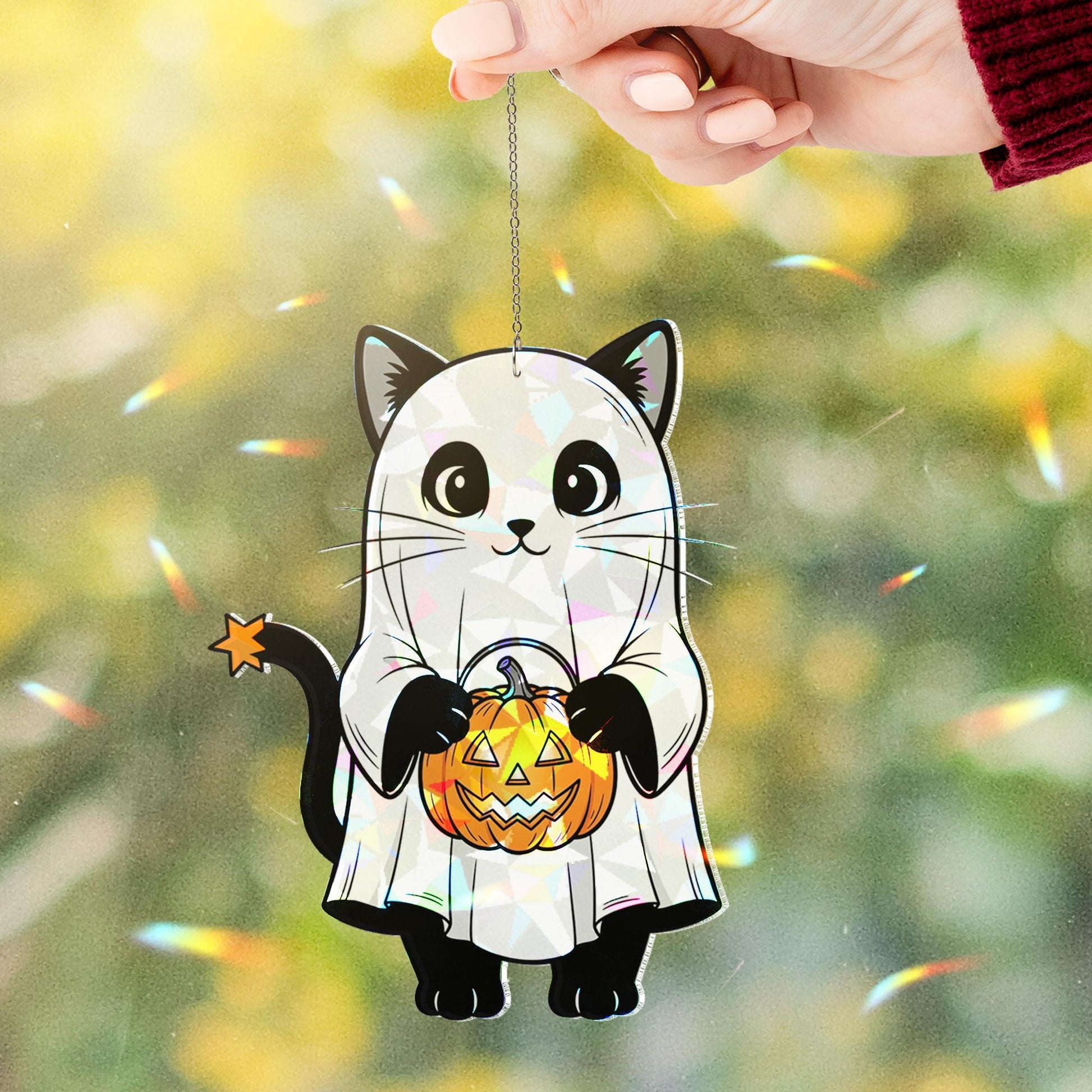 Halloween Cat Suncatcher, Ghost Cat Window Decor, Cute Black Cat Ornament, Pumpkin Trick or Treat Kitty, Spooky Fall Decoration, Halloween