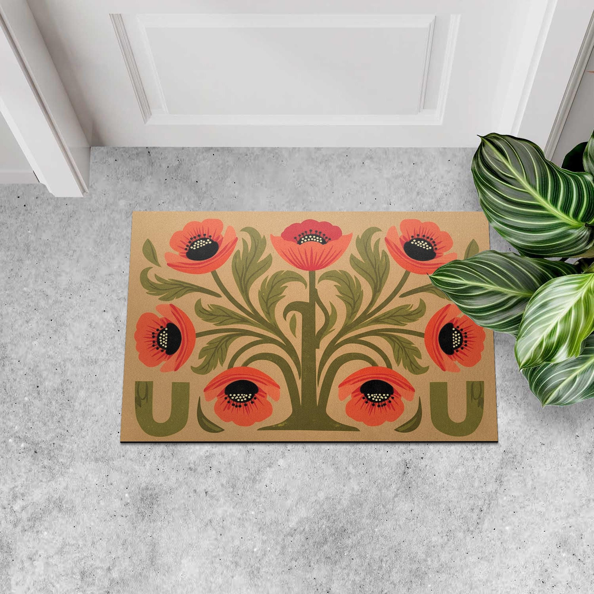 Retro Floral Doormat, Poppy Flower Welcome Mat, Boho Front Porch Decor, Outdoor Door Mat, Summer Entryway Rug, Folk Art Doormat