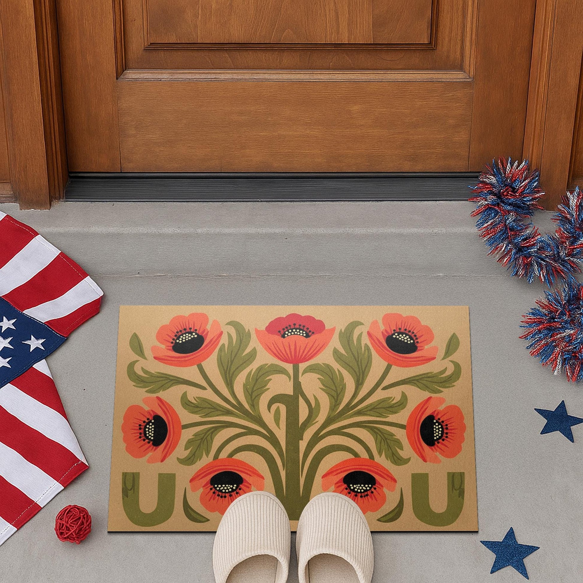 Retro Floral Doormat, Poppy Flower Welcome Mat, Boho Front Porch Decor, Outdoor Door Mat, Summer Entryway Rug, Folk Art Doormat