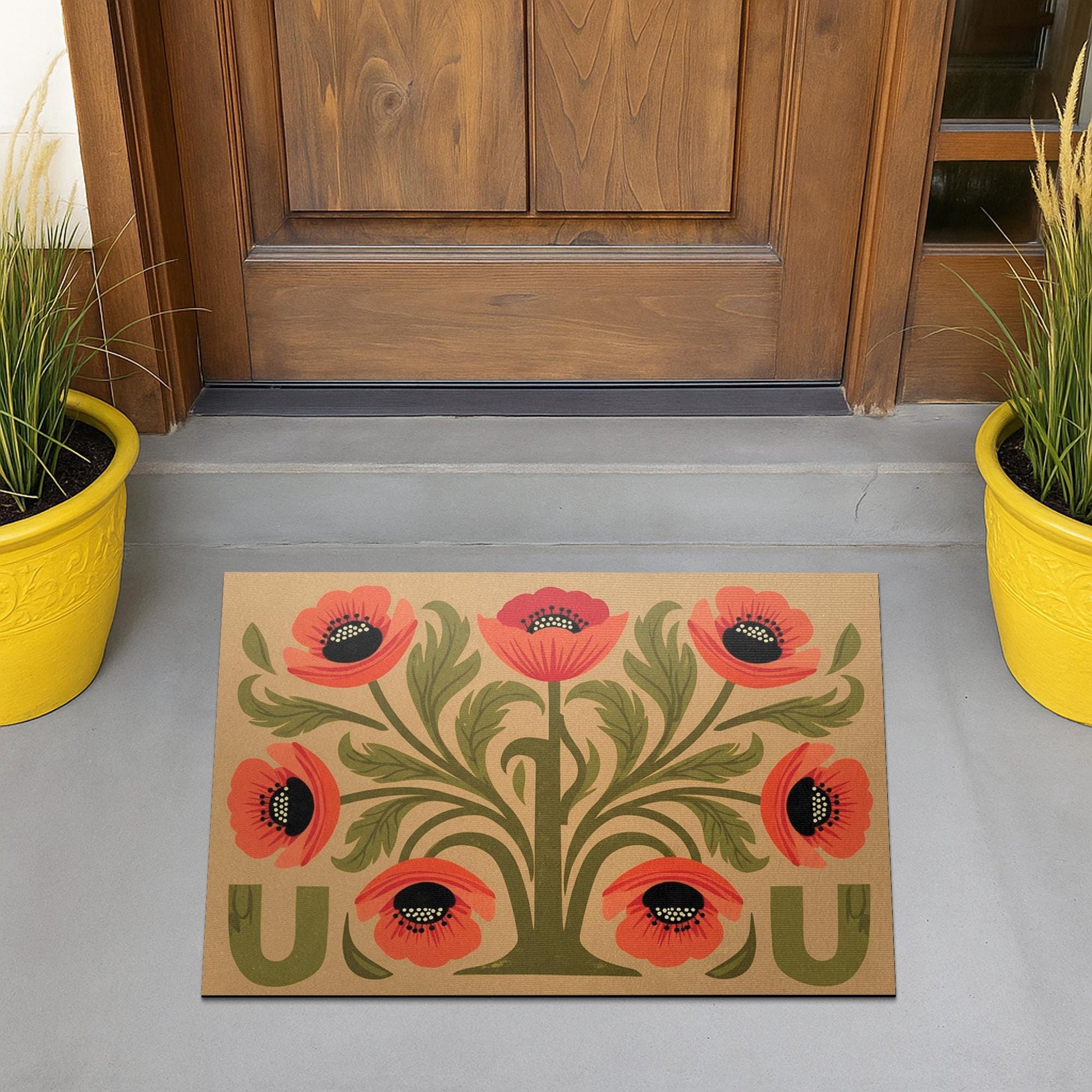 Retro Floral Doormat, Poppy Flower Welcome Mat, Boho Front Porch Decor, Outdoor Door Mat, Summer Entryway Rug, Folk Art Doormat