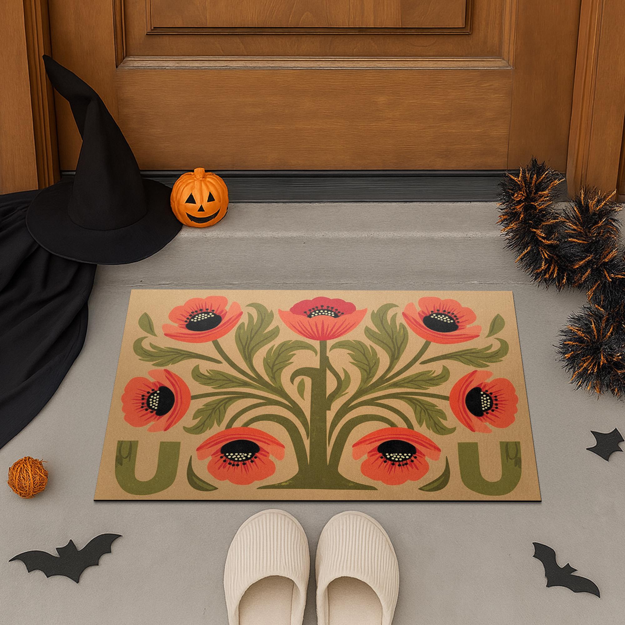 Retro Floral Doormat, Poppy Flower Welcome Mat, Boho Front Porch Decor, Outdoor Door Mat, Summer Entryway Rug, Folk Art Doormat