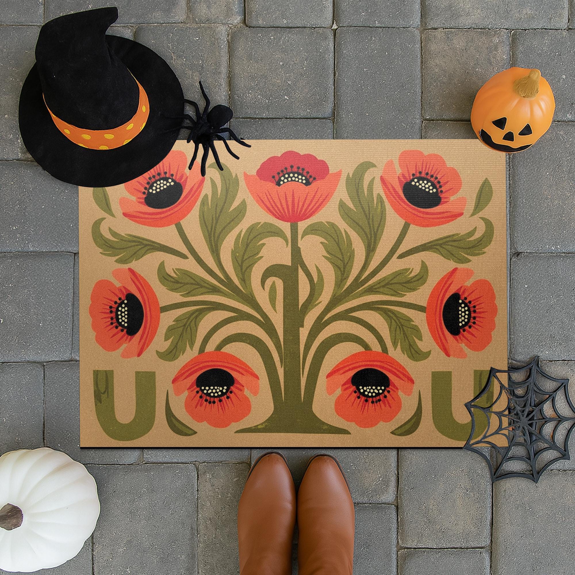 Retro Floral Doormat, Poppy Flower Welcome Mat, Boho Front Porch Decor, Outdoor Door Mat, Summer Entryway Rug, Folk Art Doormat