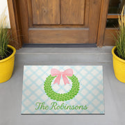 Personalized Wreath Doormat, Custom Family Name Welcome Mat, Gingham Front Porch Decor, Pastel Entryway Rug with Bow