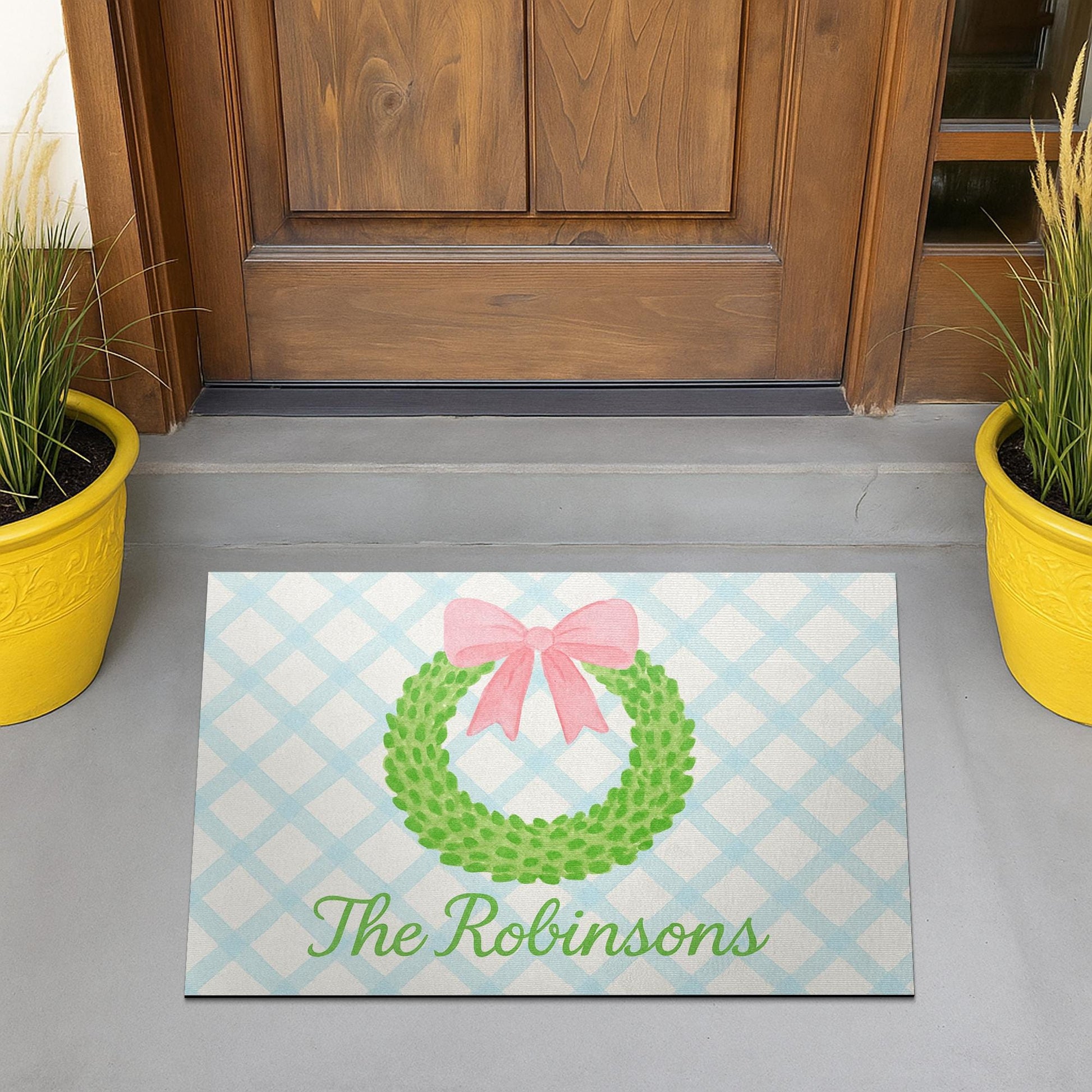 Personalized Wreath Doormat, Custom Family Name Welcome Mat, Gingham Front Porch Decor, Pastel Entryway Rug with Bow