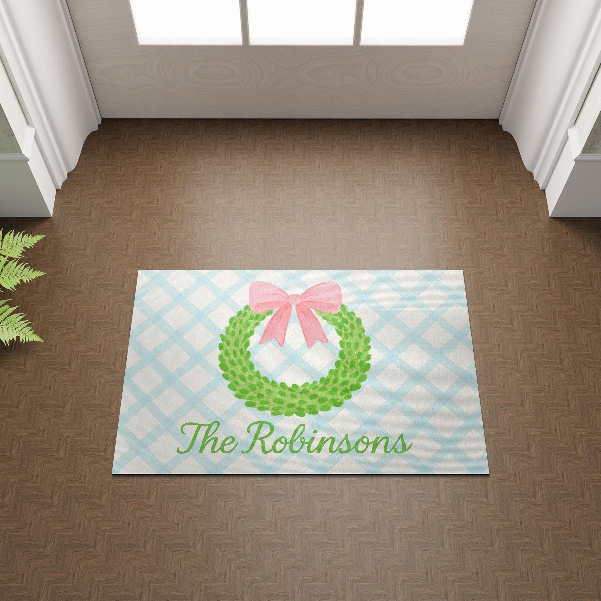 Personalized Wreath Doormat, Custom Family Name Welcome Mat, Gingham Front Porch Decor, Pastel Entryway Rug with Bow