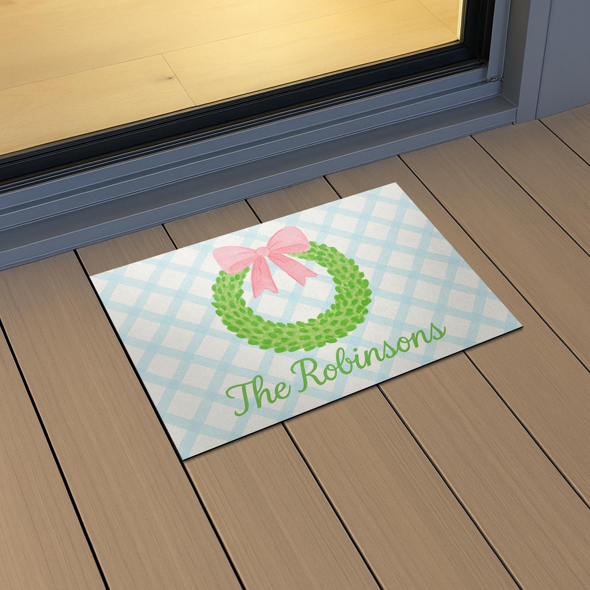 Personalized Wreath Doormat, Custom Family Name Welcome Mat, Gingham Front Porch Decor, Pastel Entryway Rug with Bow