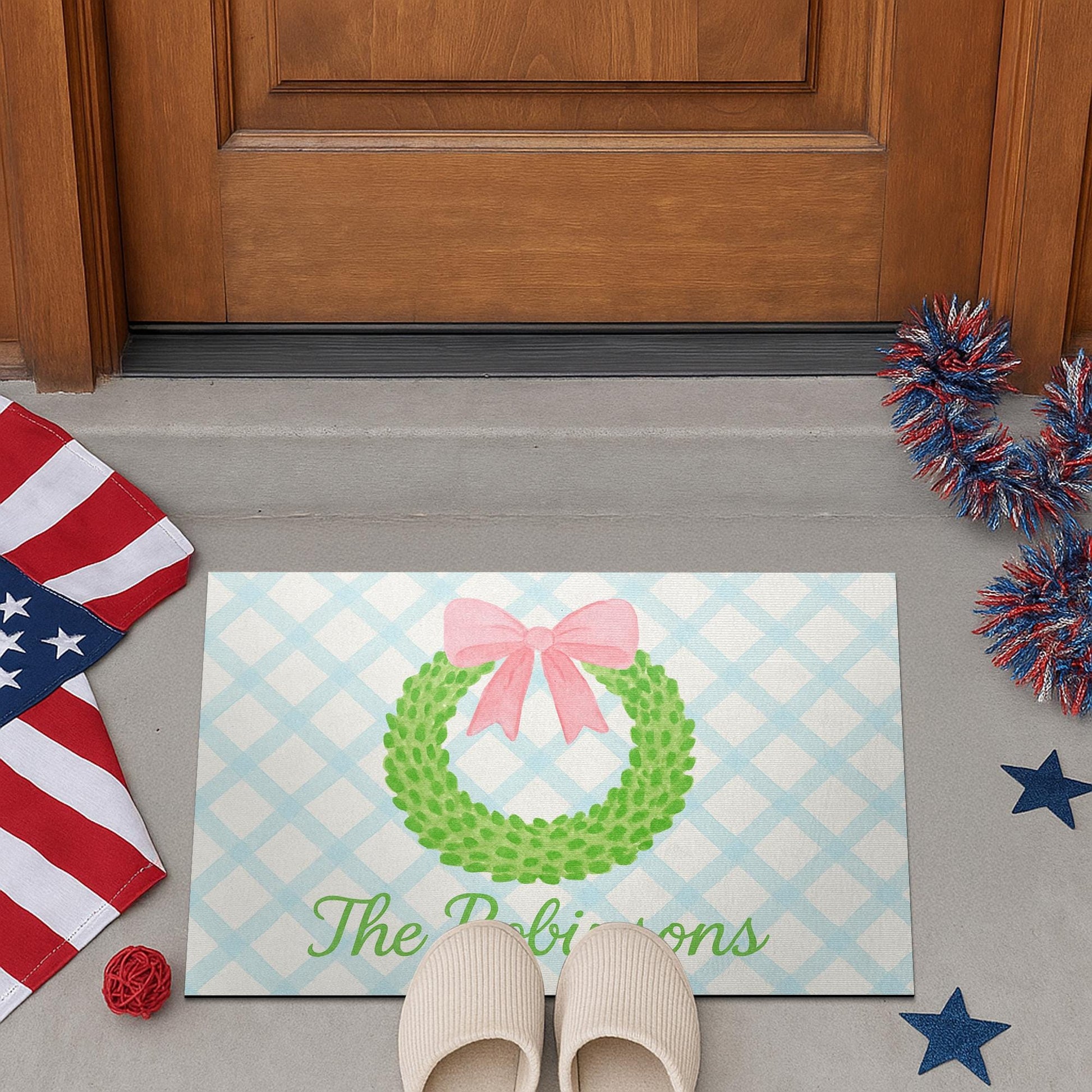 Personalized Wreath Doormat, Custom Family Name Welcome Mat, Gingham Front Porch Decor, Pastel Entryway Rug with Bow