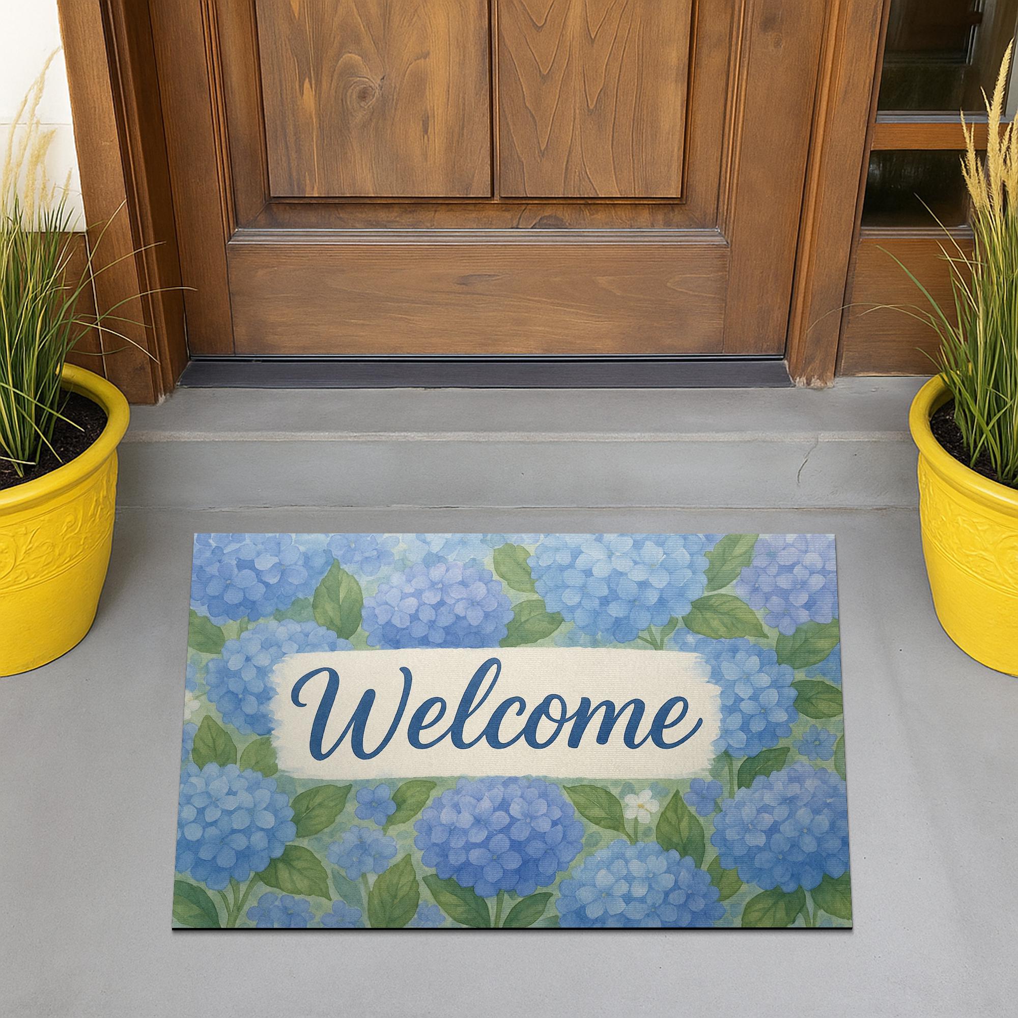 Hydrangea Welcome Doormat, Floral Front Porch Rug, Blue Flower Entry Mat, Spring Summer Door Decor, Watercolor Welcome Mat